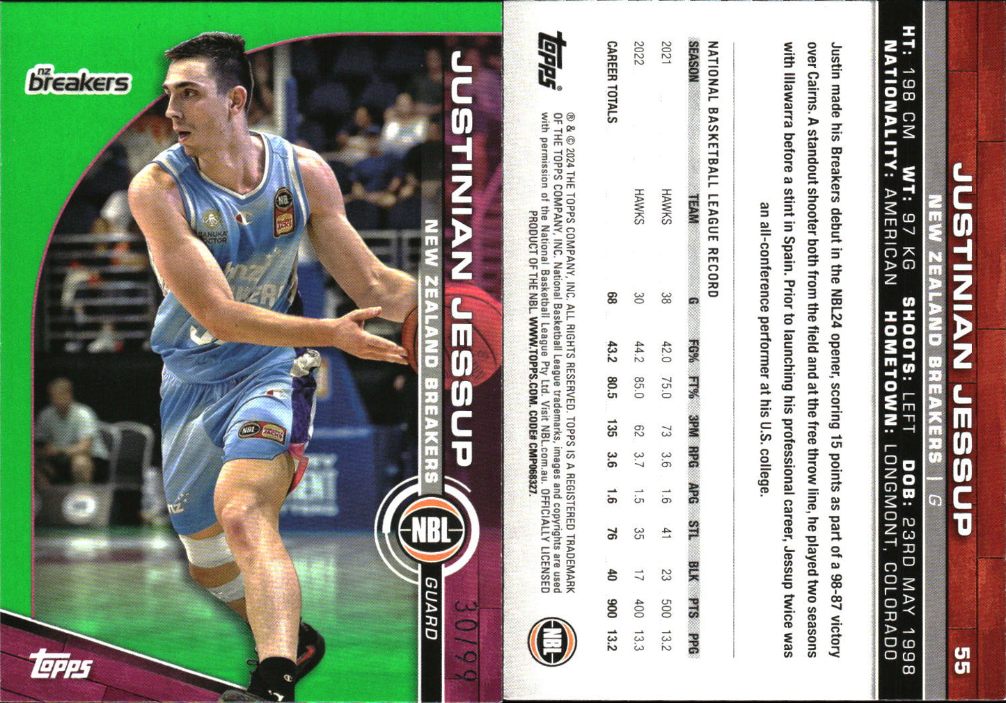 2023 2024 Topps NBL Green /99 Justinian Jessup NZ Breakers