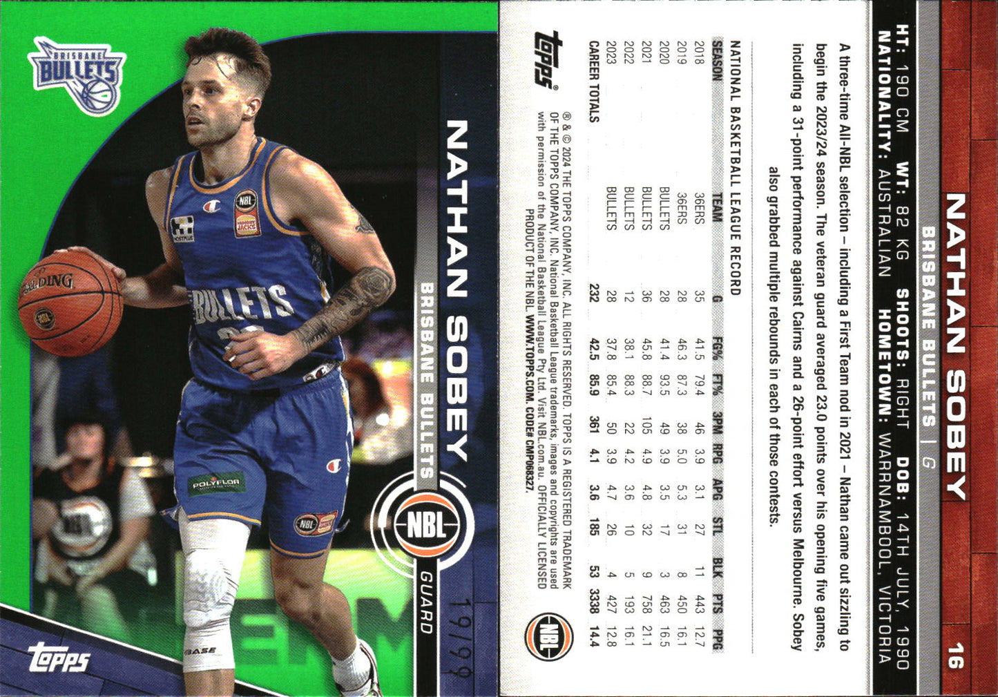 2023 2024 Topps NBL Green /99 Nathan Sobey Brisbane Bullets