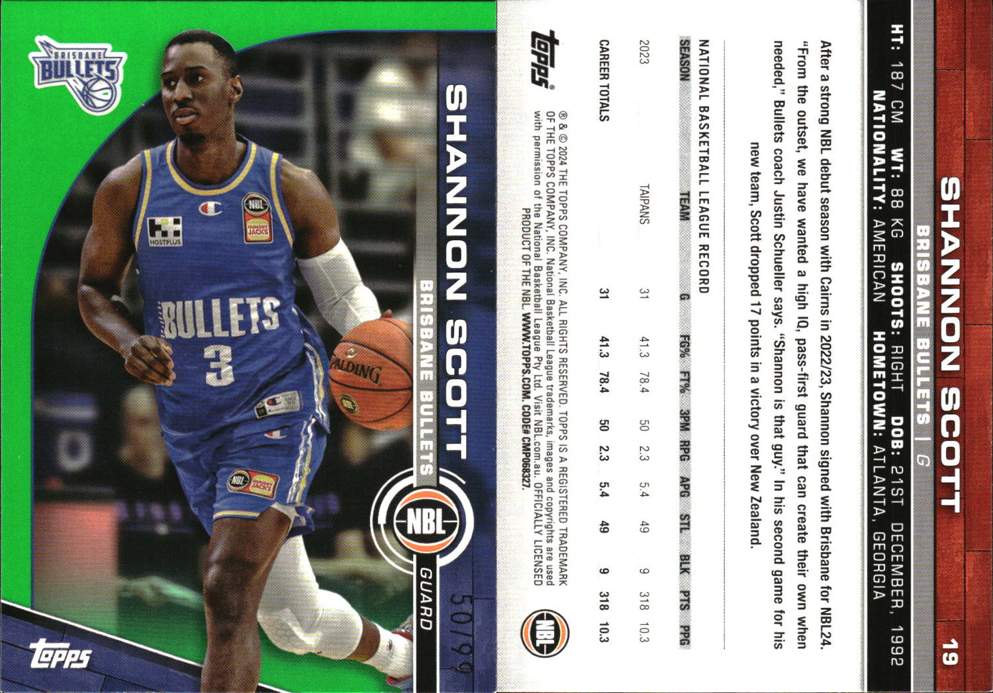 2023 2024 Topps NBL Green /99 Shannon Scott Brisbane Bullets