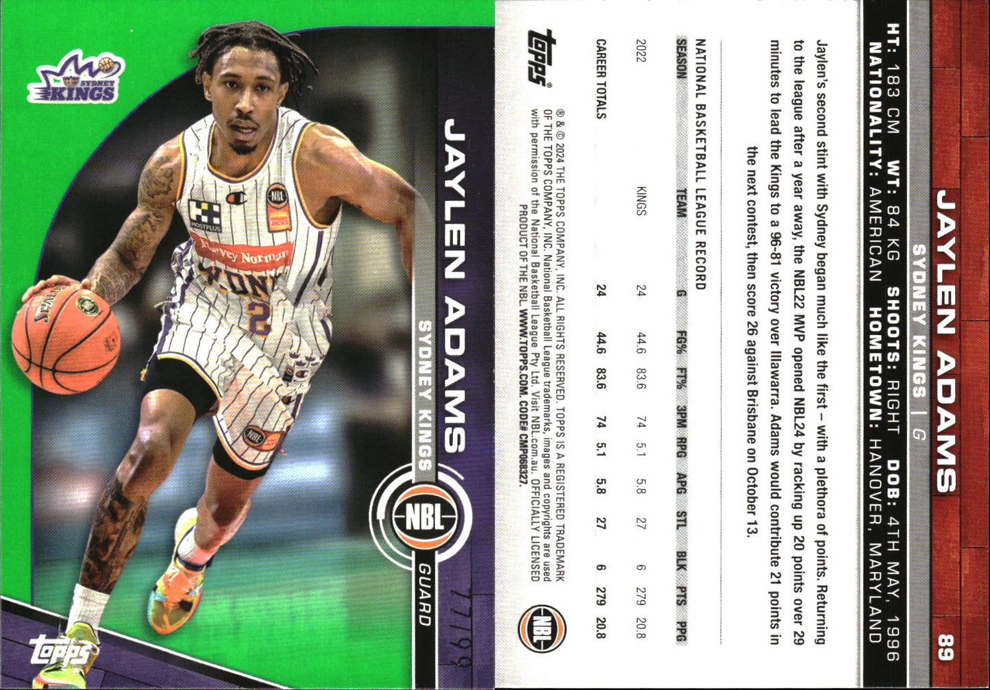 2023 2024 Topps NBL Green /99 Jaylen Adams Sydney Kings