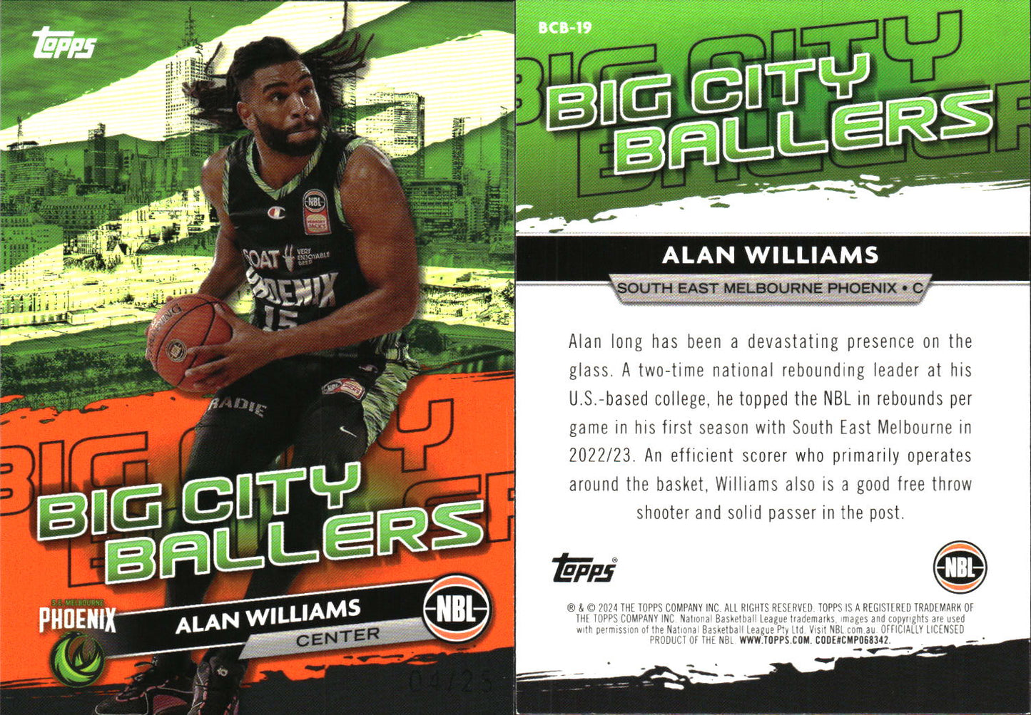 2023 2024 Topps NBL Orange /25 Big City Ballers Alan Williams SE Melbourne Phoenix