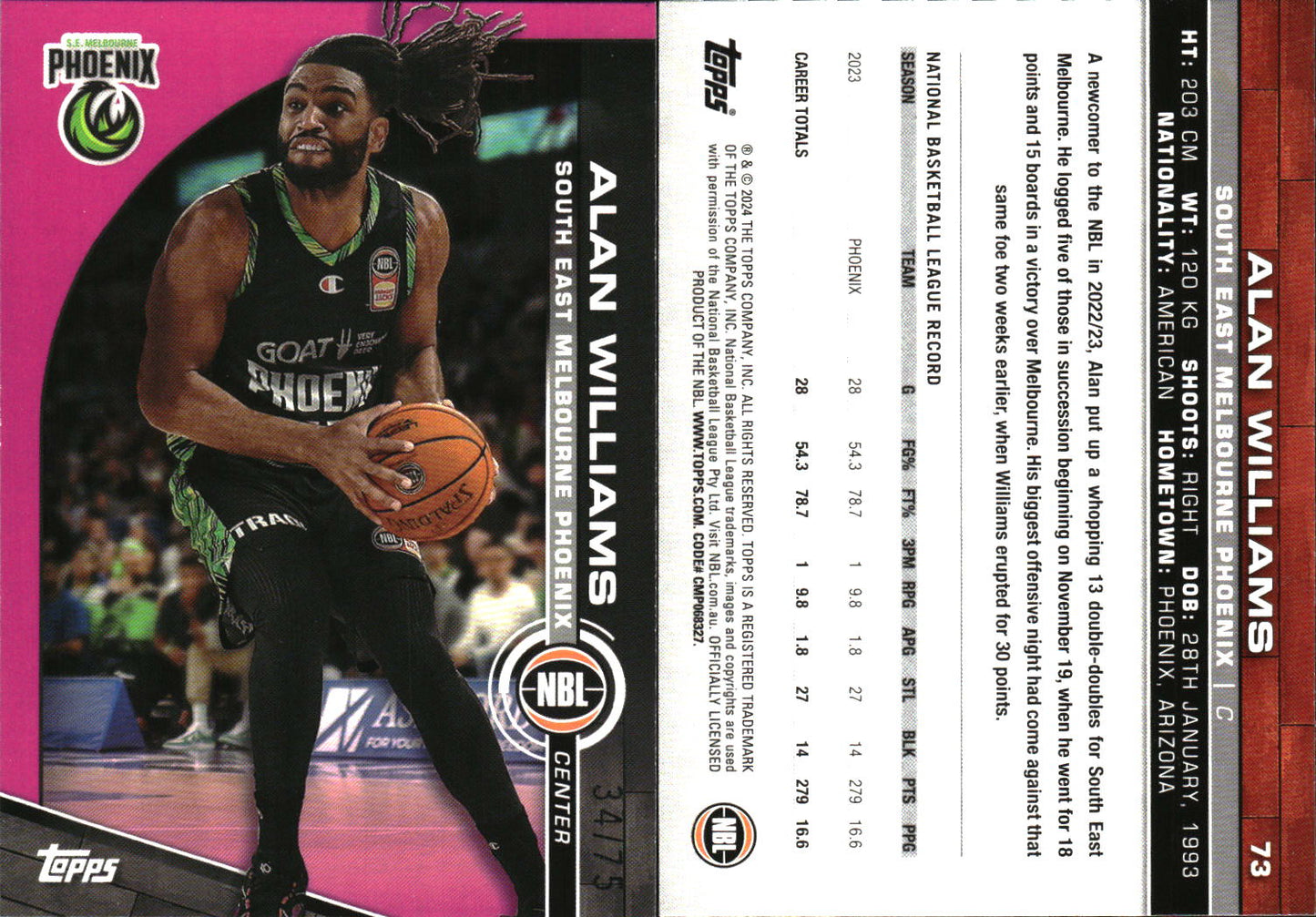 2023 2024 Topps NBL Fuschia Pink /75 Alan Williams SE Melbourne Phoenix