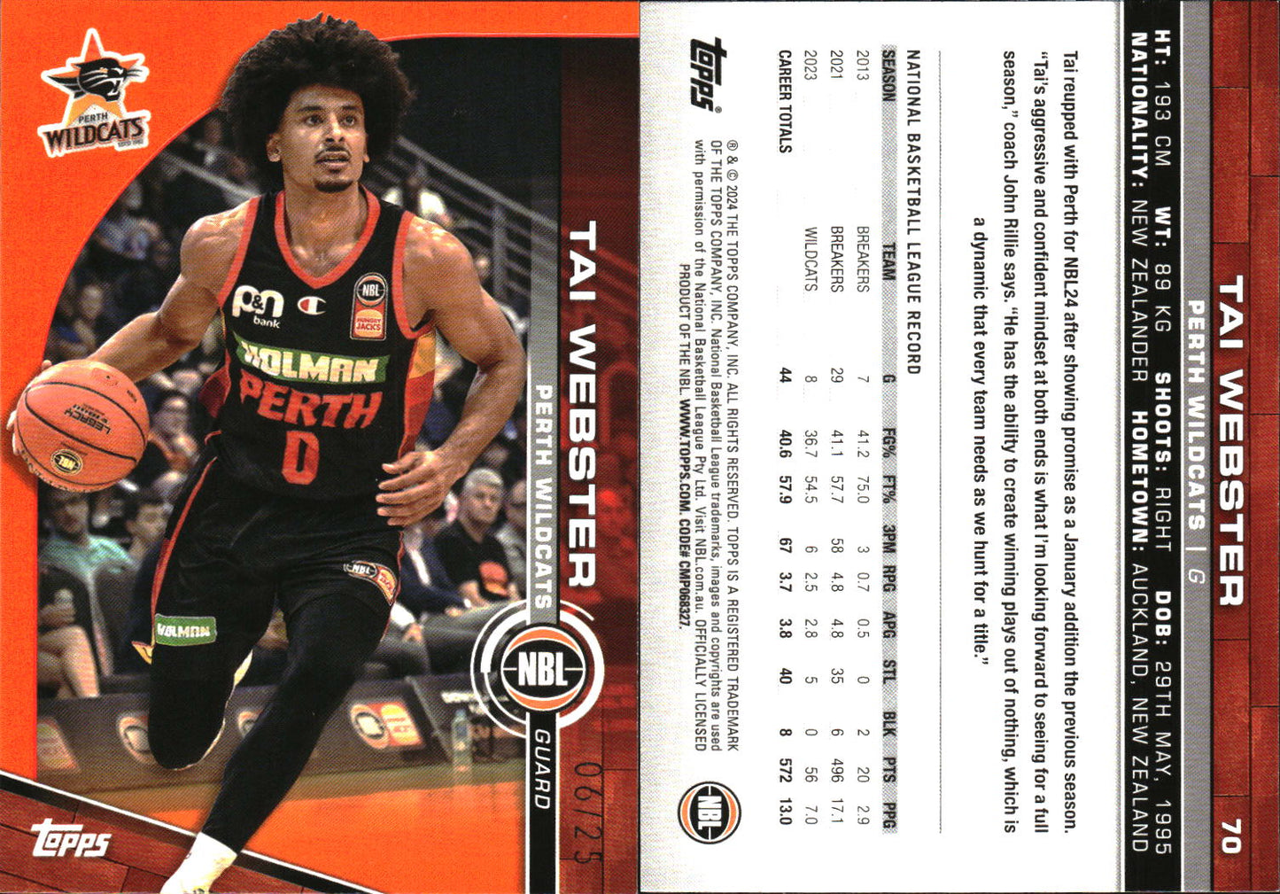 2023 2024 Topps NBL Orange /25 Tai Webster Perth Wildcats