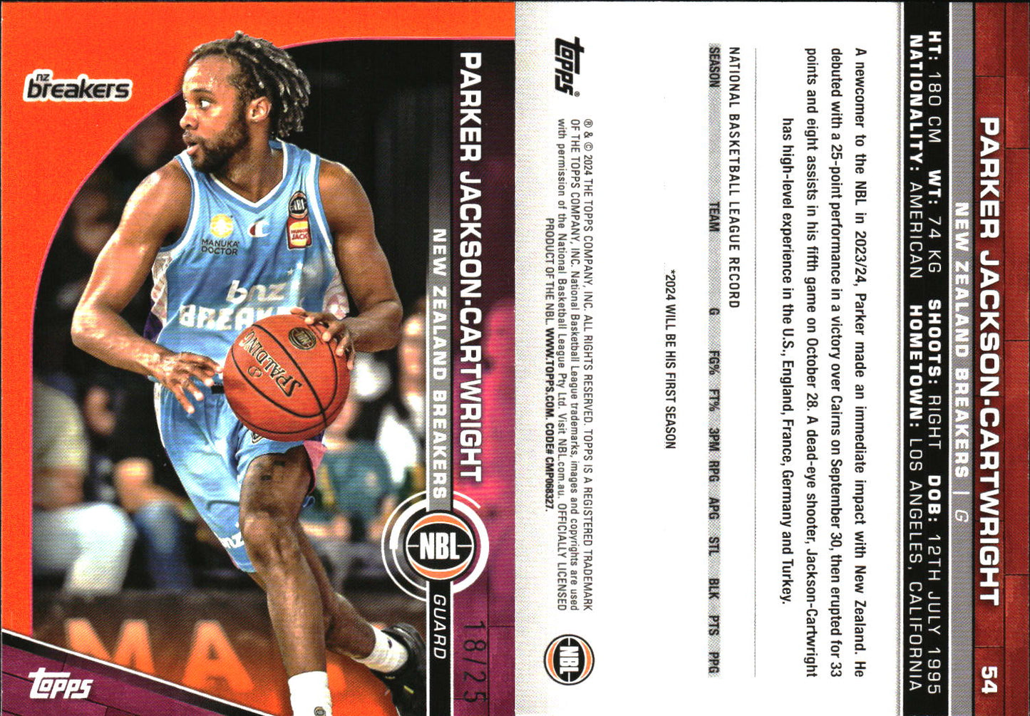 2023 2024 Topps NBL Orange /25 Parker Jackson-Cartwright NZ Breakers