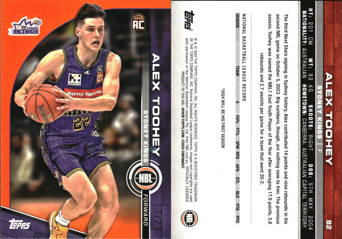 2023 2024 Topps NBL Orange /25 Alex Toohey Sydney Kings Rookie