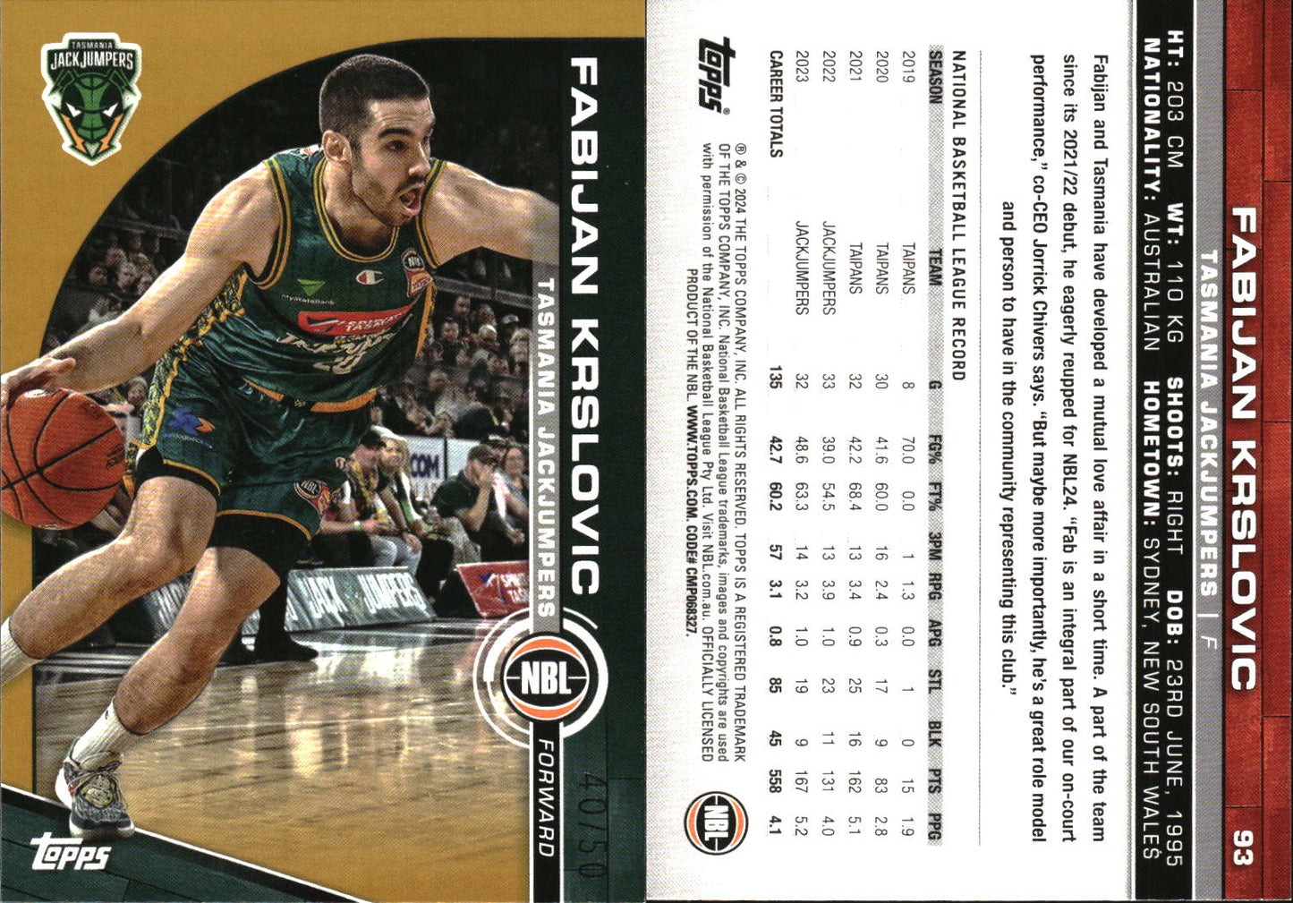 2023 2024 Topps NBL Gold /50 Fabijan Krslovic Tasmania JackJumpers