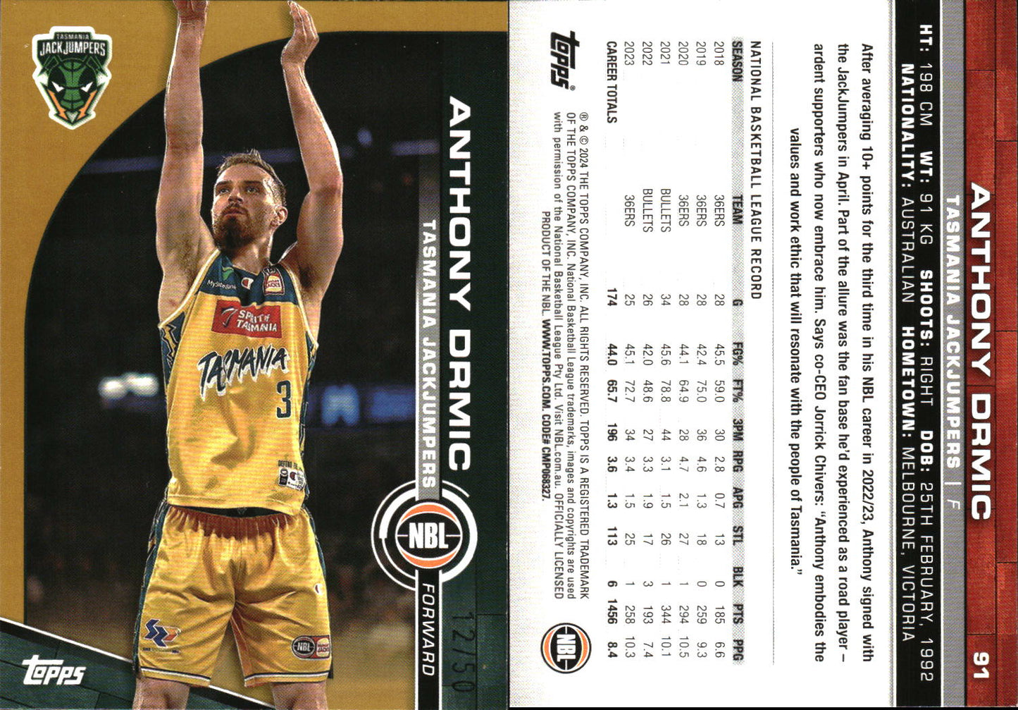 2023 2024 Topps NBL Gold /50 Anthony Drmic Tasmania JackJumpers