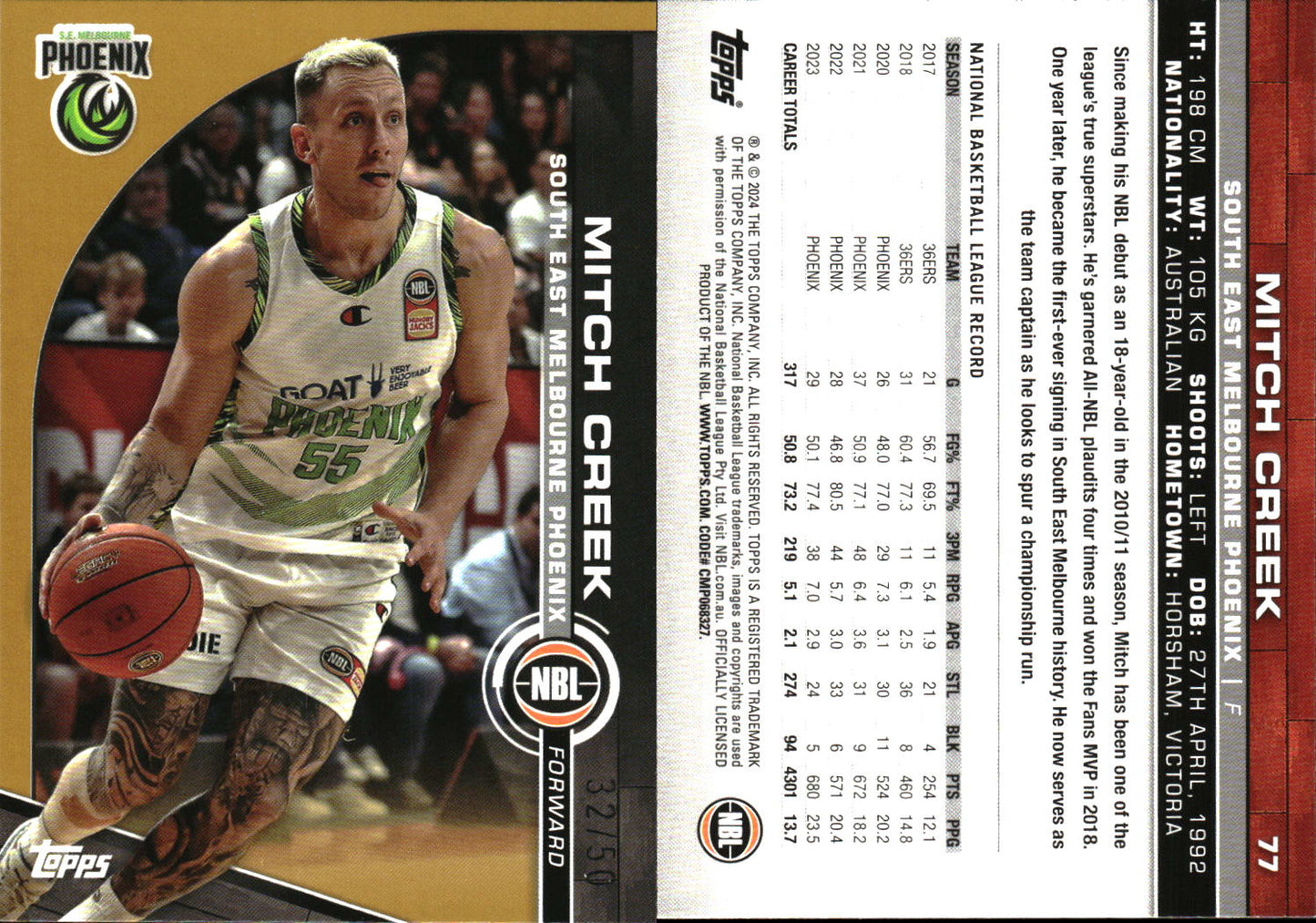 2023 2024 Topps NBL Gold /50 Mitch Creek SE Melbourne Phoenix