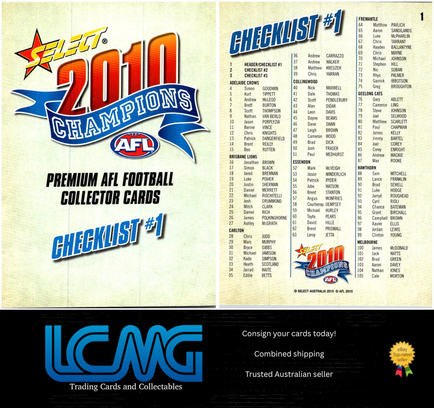 Card # 1 Checklist #1 2010 AFL Champions