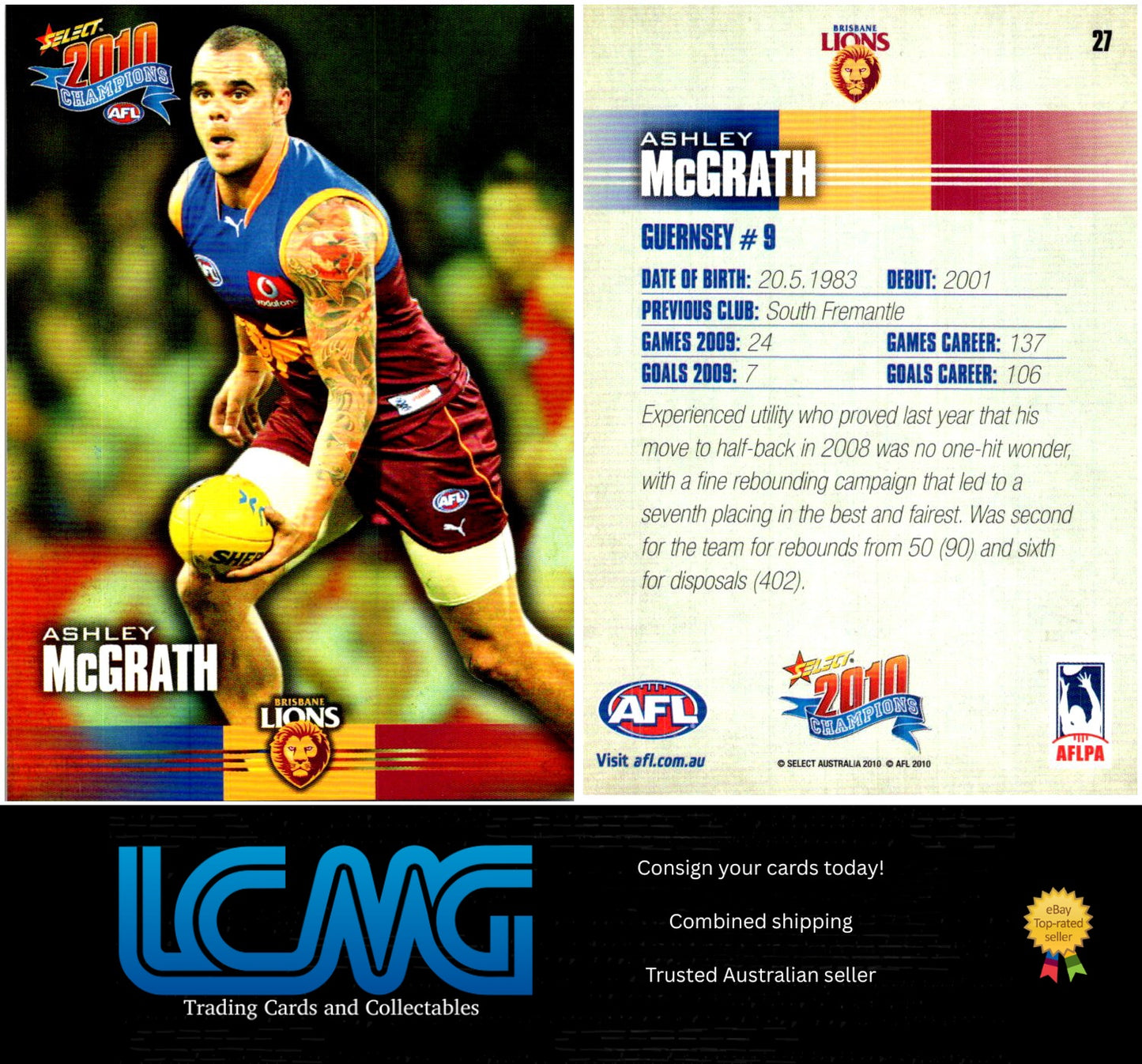 Card # 27 Ashley McGrath 2010 AFL Champions