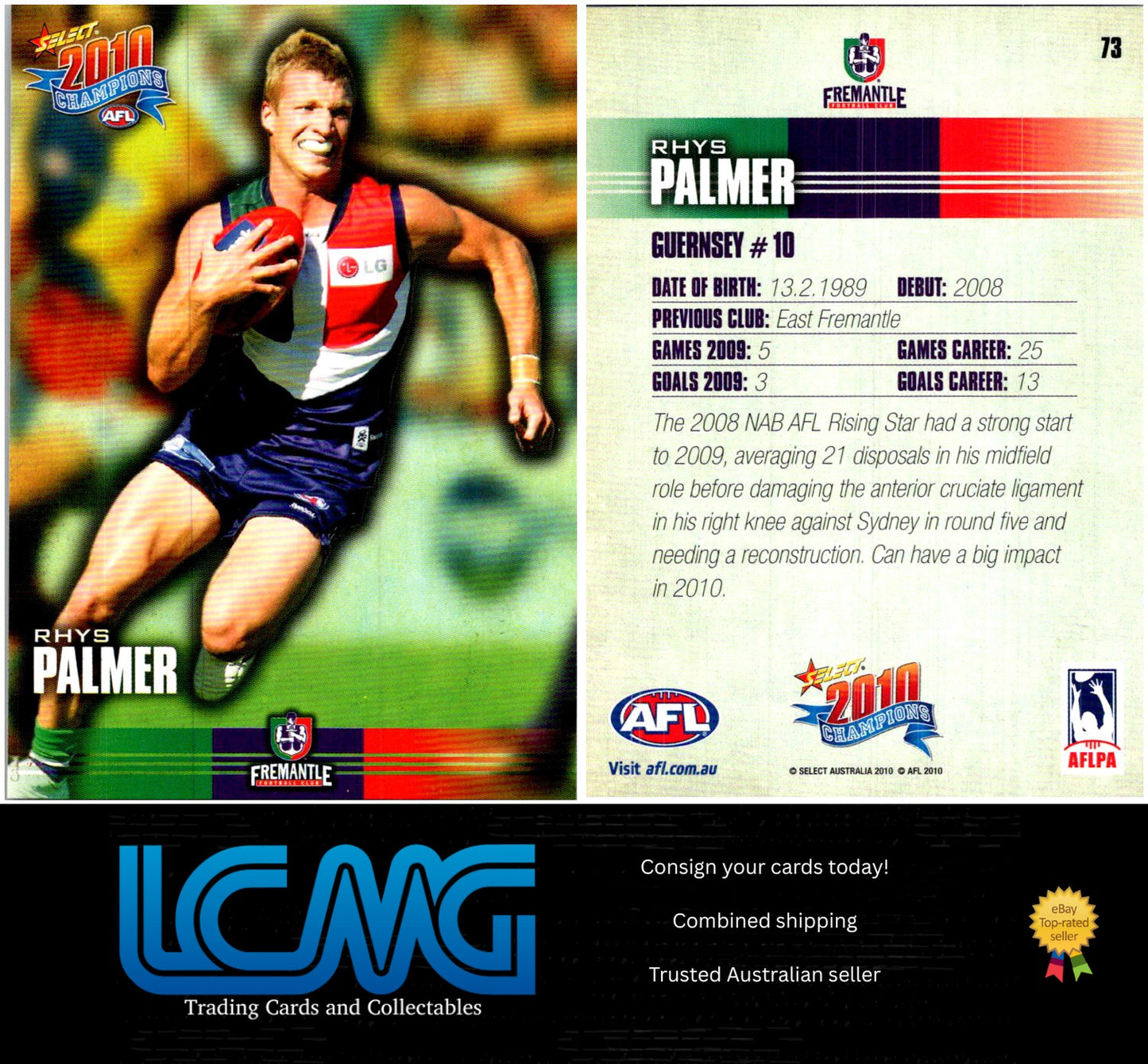Card # 73 Rhys Palmer 2010 AFL Champions