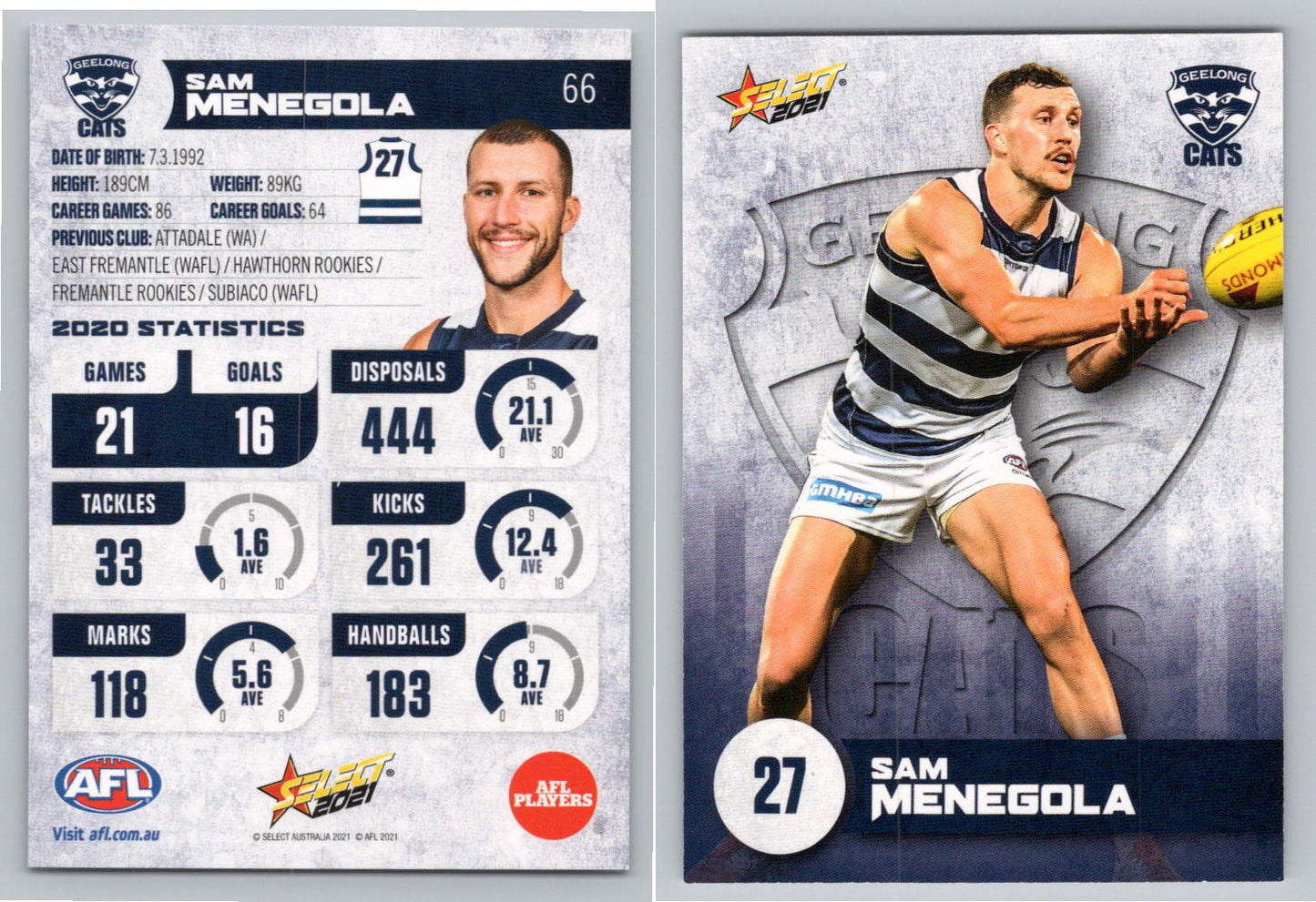 Card # FS 66 S. MENEGOLA AFL 2021 Footy Stars GEELONG CATS