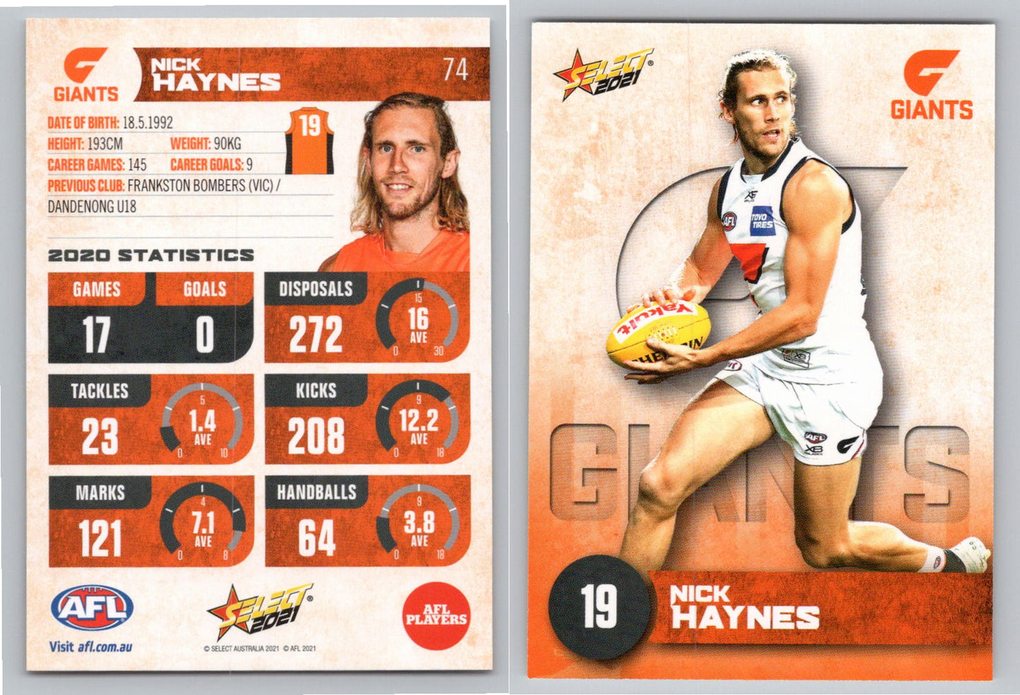 Card # FS 74 N. HAYNES AFL 2021 Footy Stars GIANTS