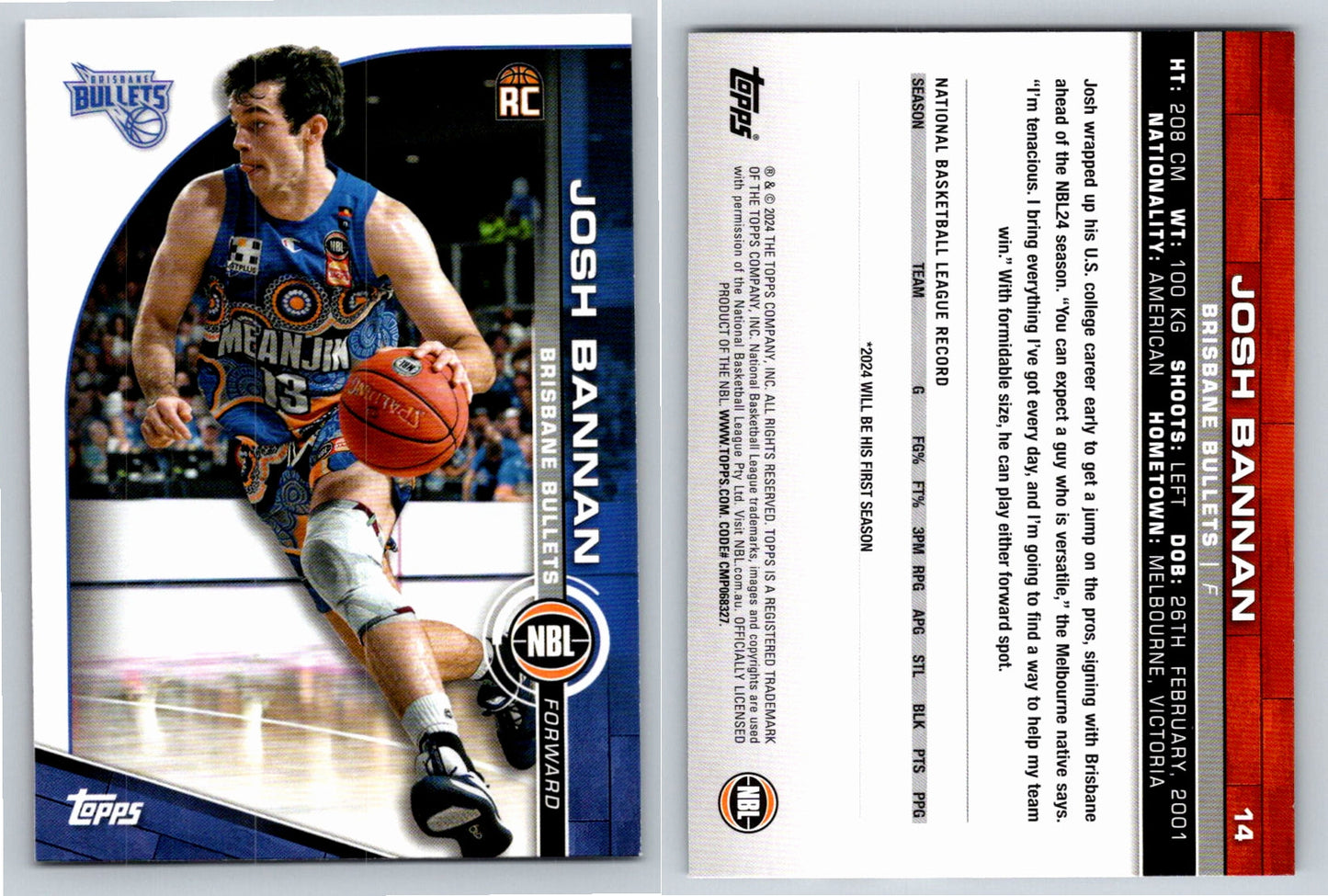 Card # 14 Josh Bannan Brisbane Bullets NBL Topps 2023 2024 Rookie