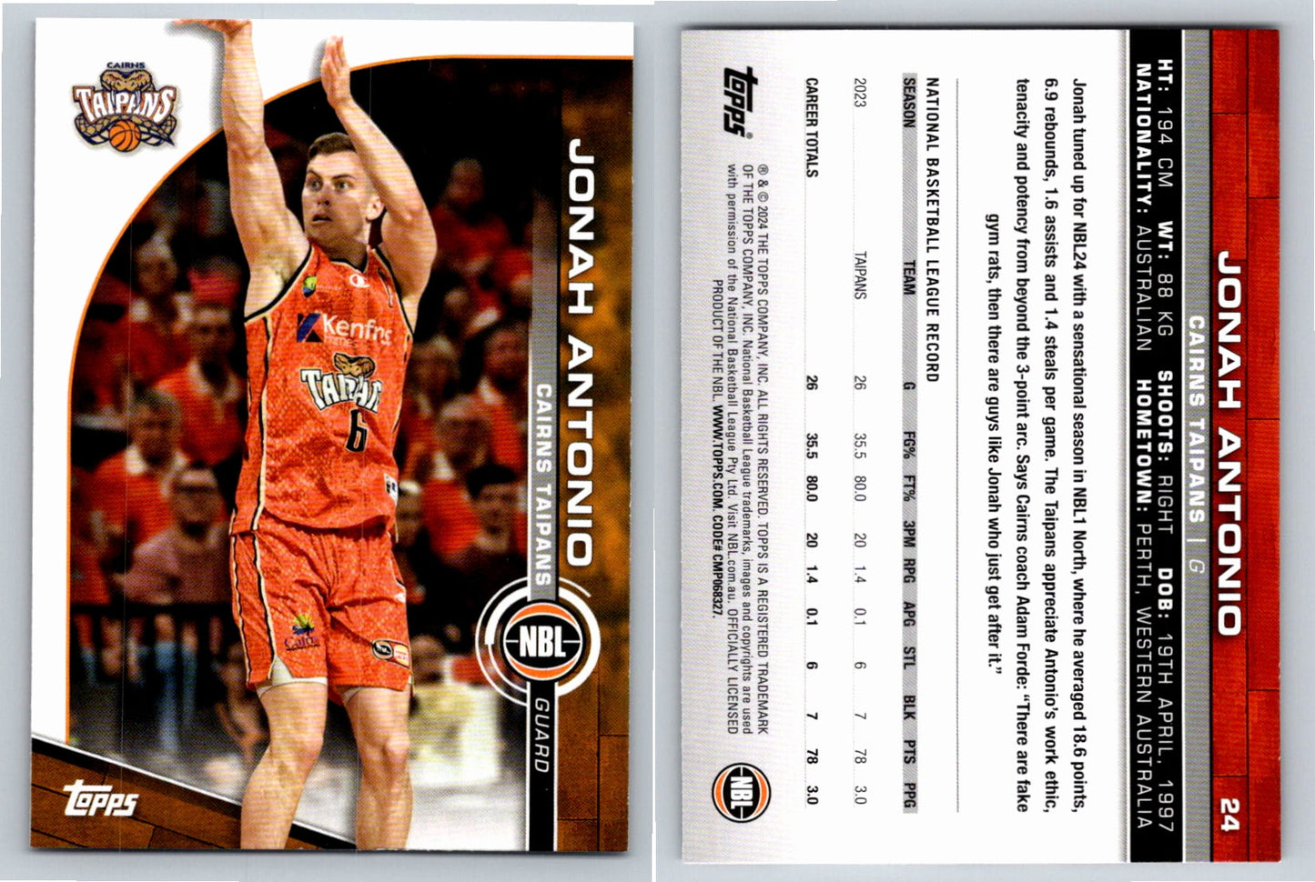 Card # 24 Jonah Antonio Cairns Taipans NBL Topps 2023 2024