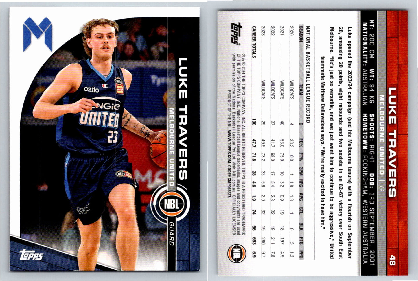 Card # 48 Luke Travers Melbourne United NBL Topps 2023 2024