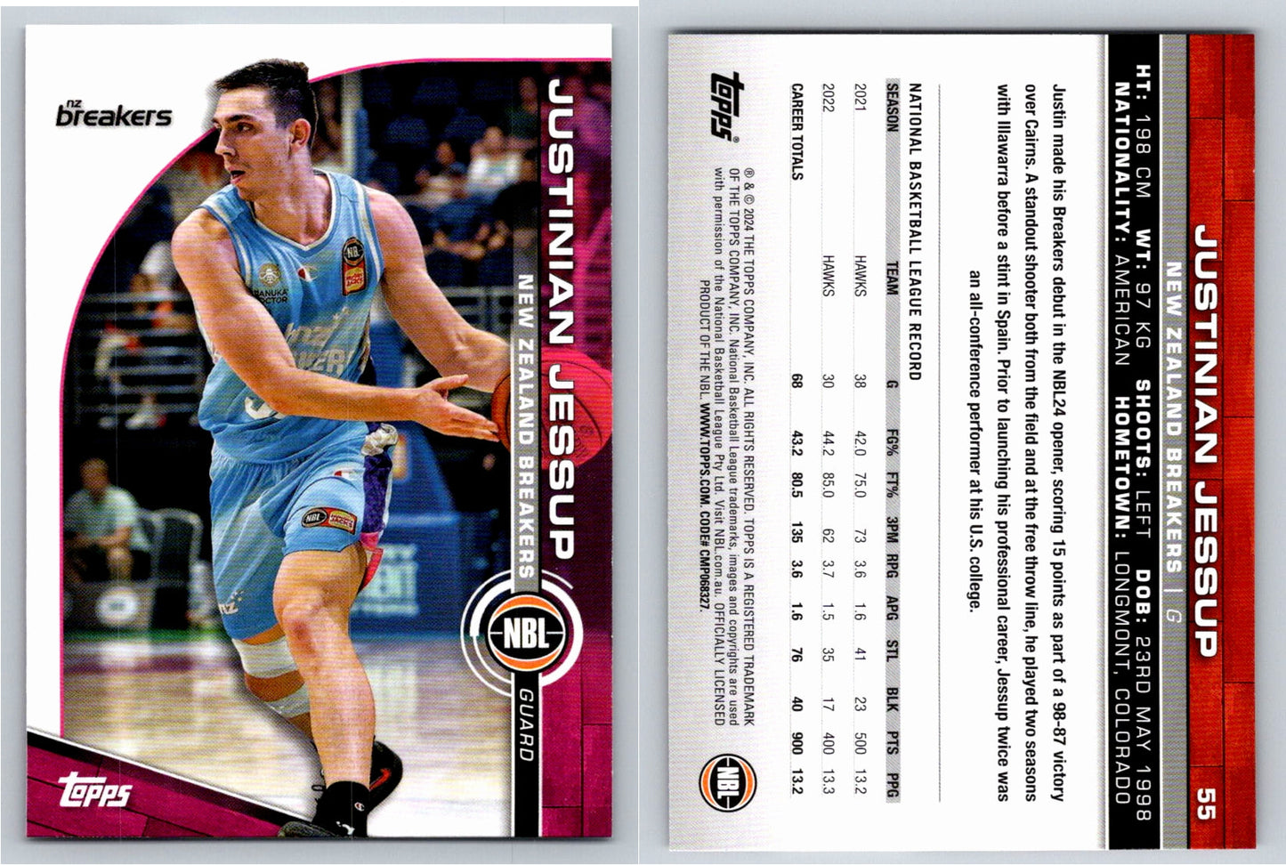 Card # 55 Justinian Jessup New Zealand Breakers NBL Topps 2023 2024