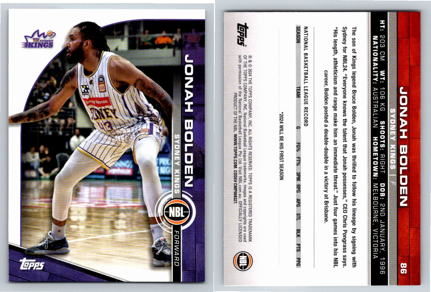 Card # 86 Jonah Bolden Sydney Kings NBL Topps 2023 2024