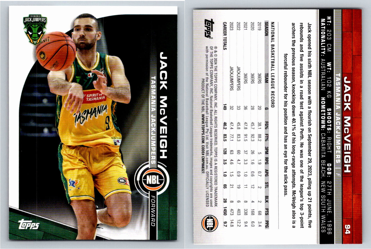 Card # 94 Jack McVeigh Tasmania JackJumpers NBL Topps 2023 2024