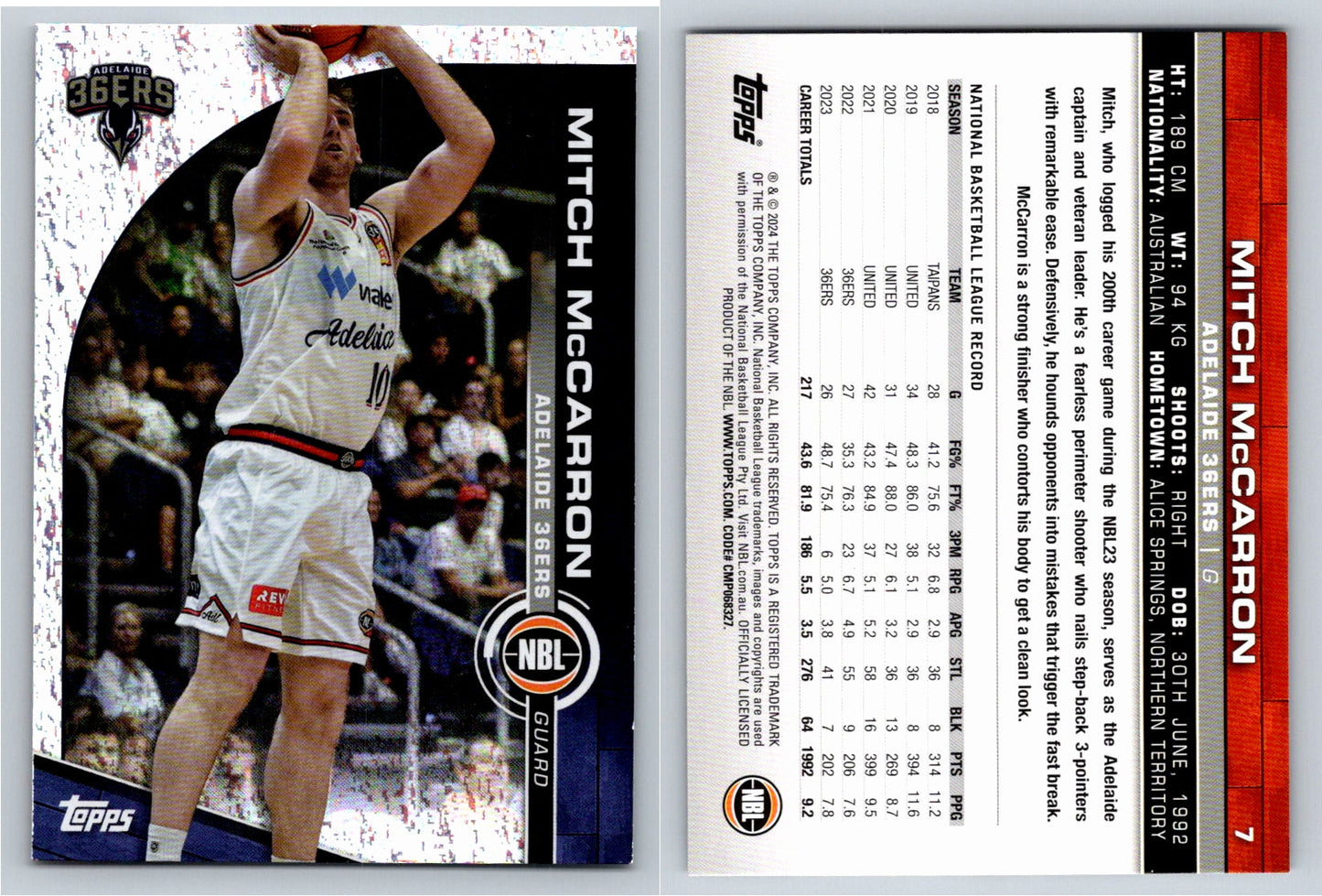 Card # 7 Mitch McCarron Adelaide 36ers Opal NBL Topps 2023 2024