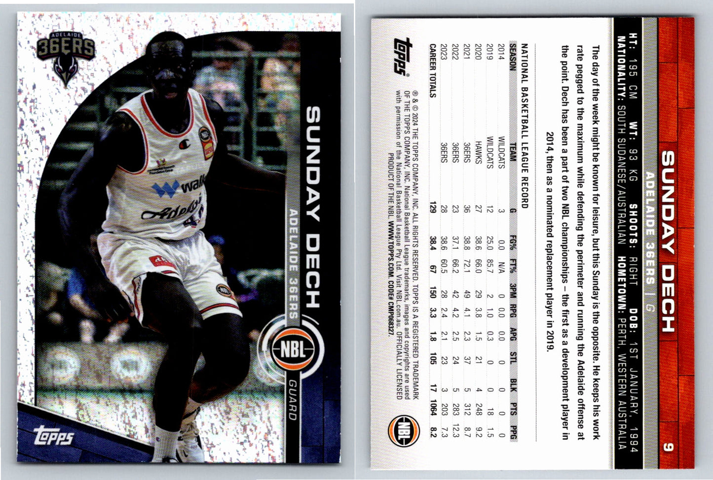 Card # 9 Sunday Dech Adelaide 36ers Opal NBL Topps 2023 2024