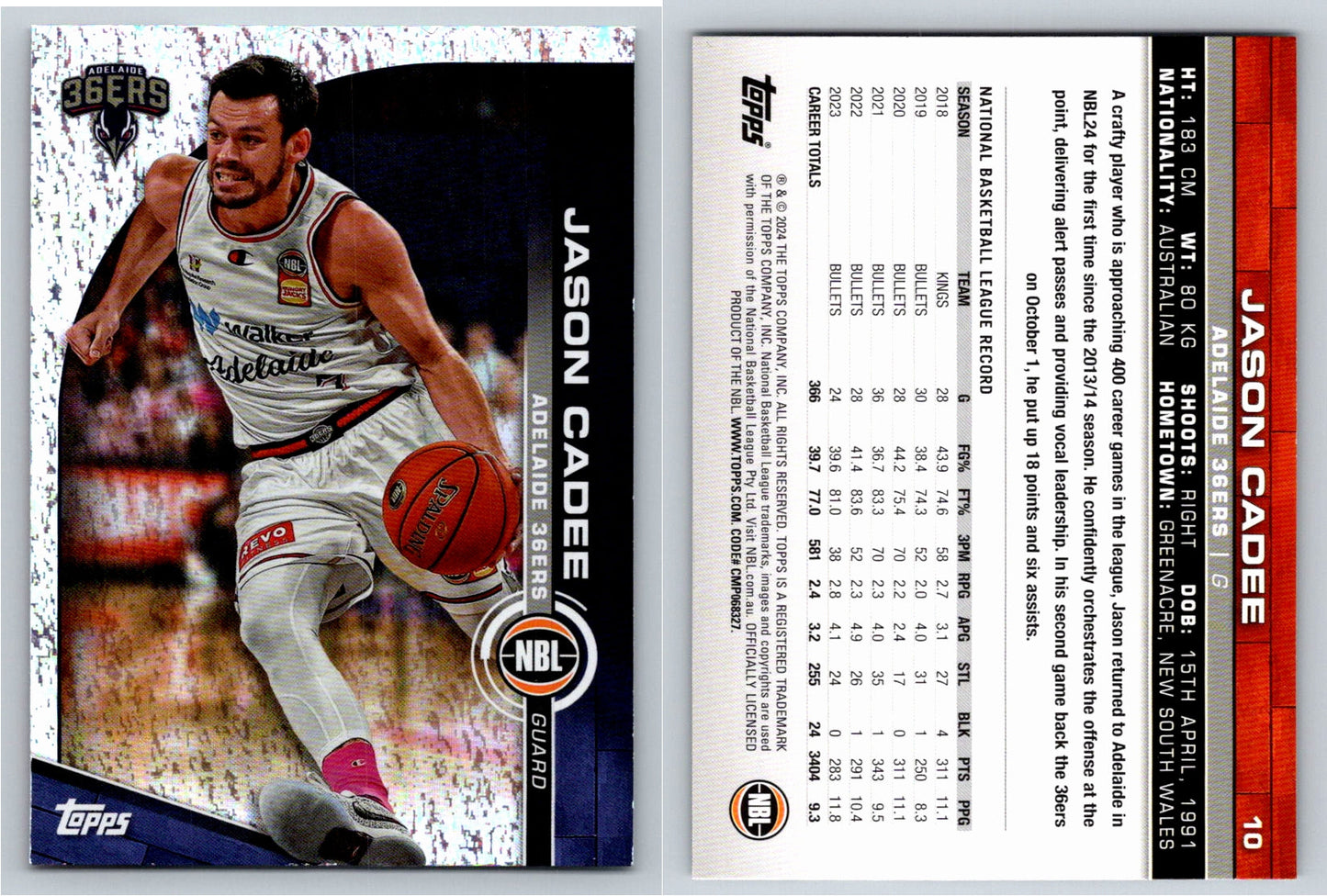 Card # 10 Jason Cadee Adelaide 36ers Opal NBL Topps 2023 2024
