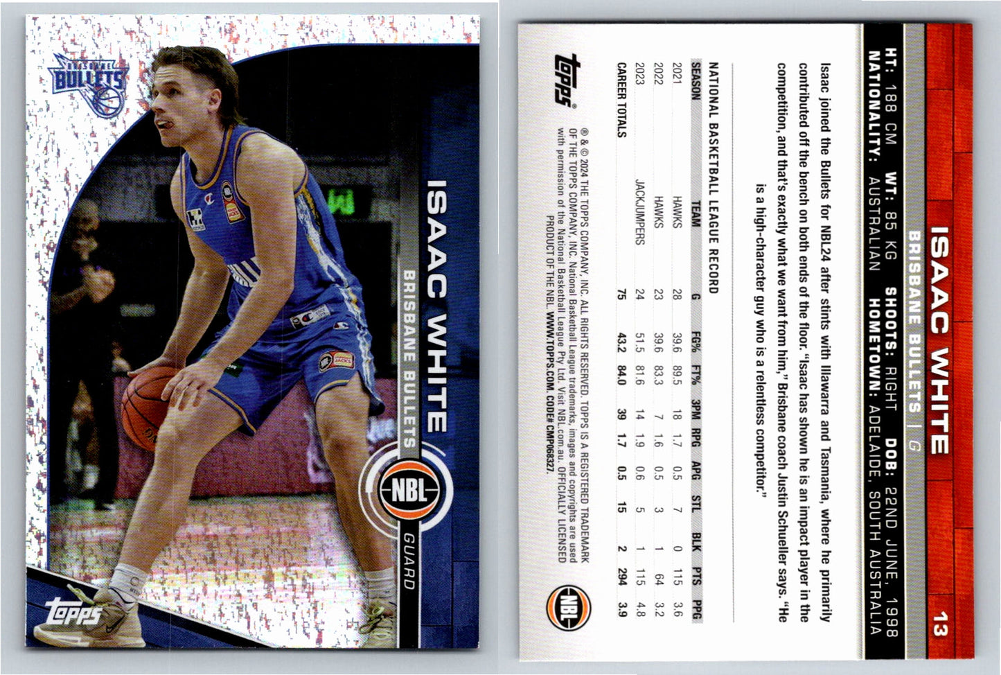 Card # 13 Isaac White Brisbane Bullets Opal NBL Topps 2023 2024
