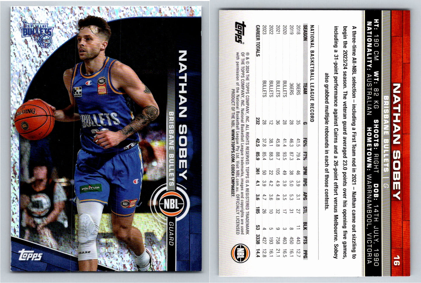 Card # 16 Nathan Sobey Brisbane Bullets Opal NBL Topps 2023 2024