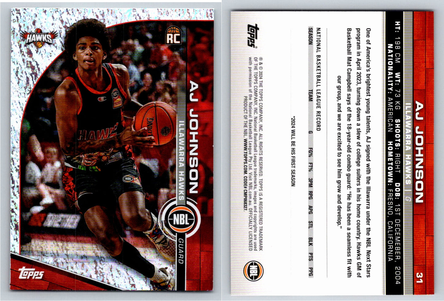 Card # 31 AJ Johnson Illawarra Hawks Opal NBL Topps 2023 2024