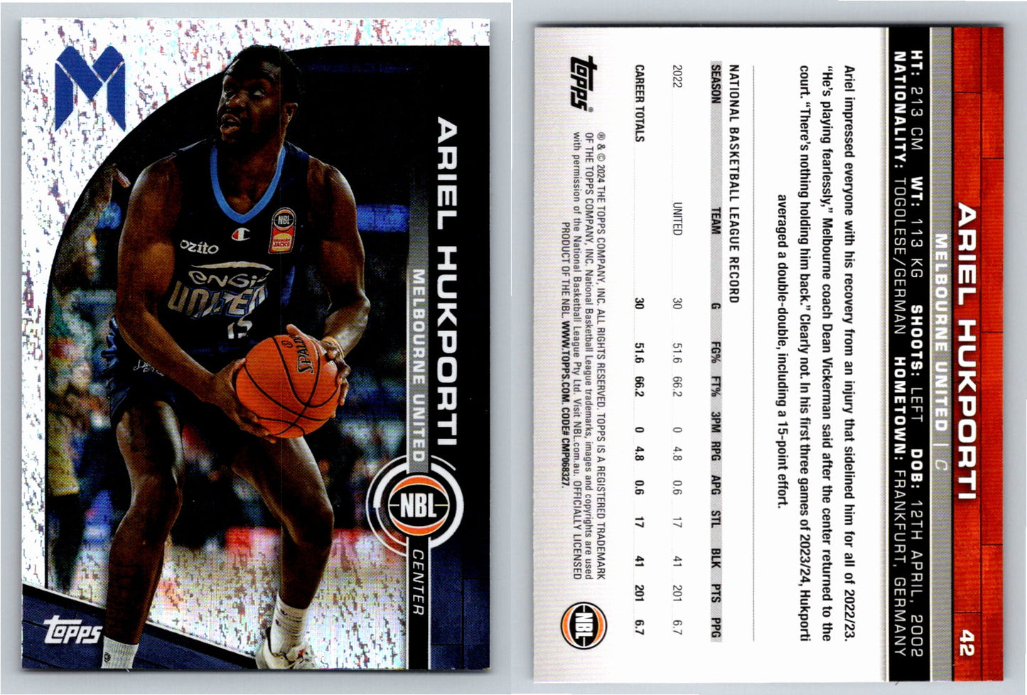 Card # 42 Ariel Hukporti Melbourne United Opal NBL Topps 2023 2024