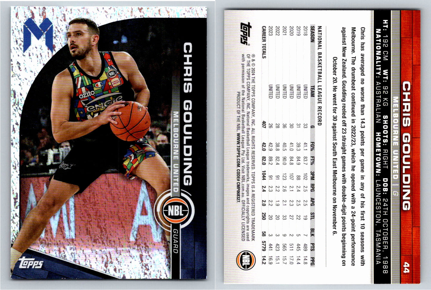 Card # 44 Chris Goulding Melbourne United Opal NBL Topps 2023 2024