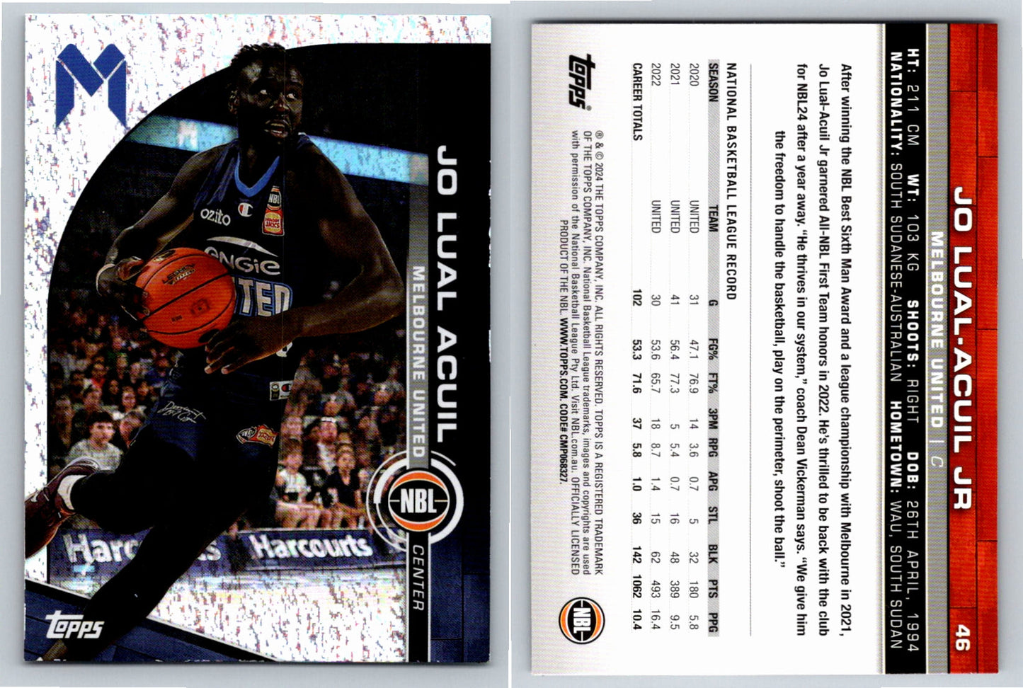 Card # 46 Jo Lual-Acuil JR Melbourne United Opal NBL Topps 2023 2024