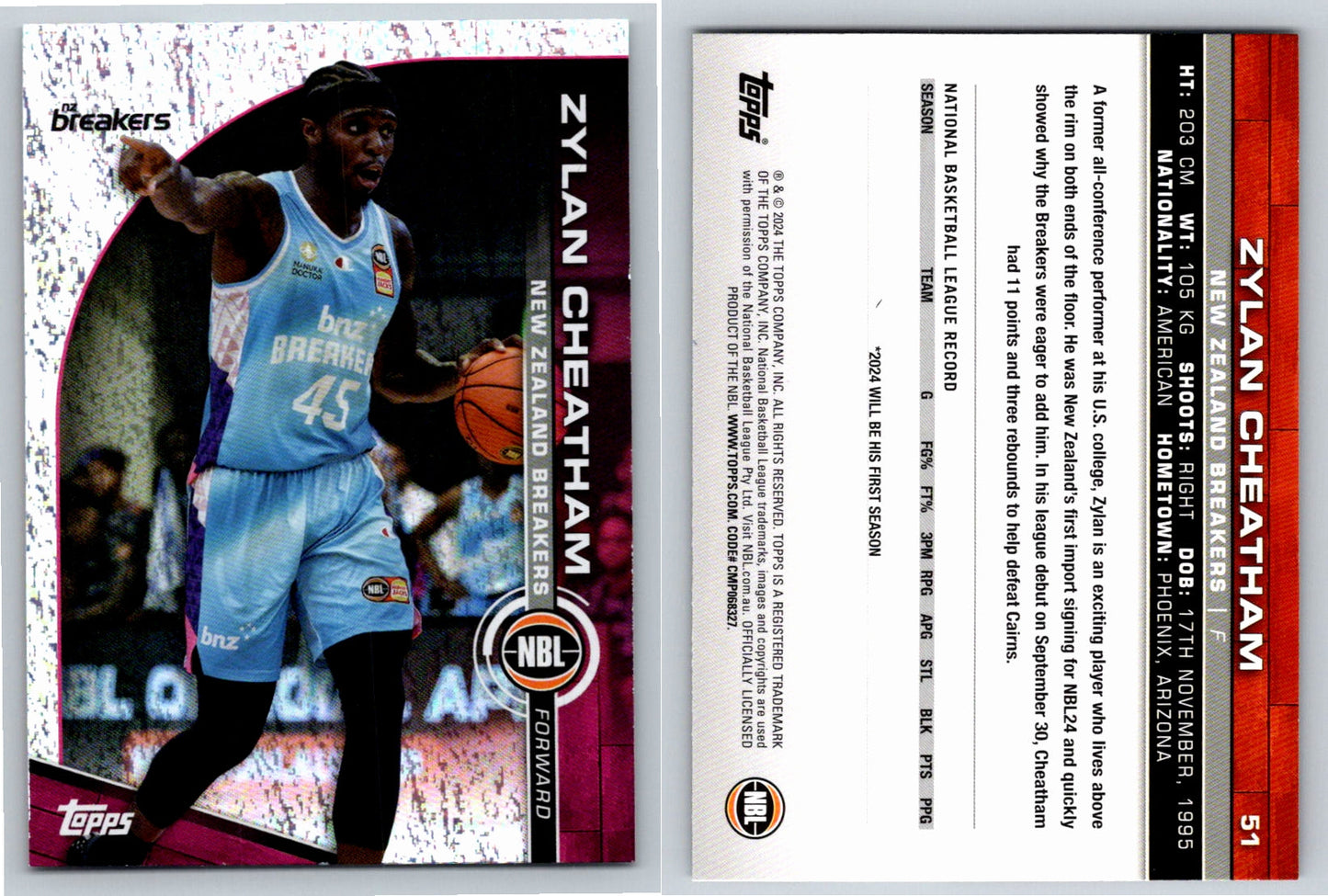 Card # 51 Zylan Cheatham New Zealand Breakers Opal NBL Topps 2023 2024