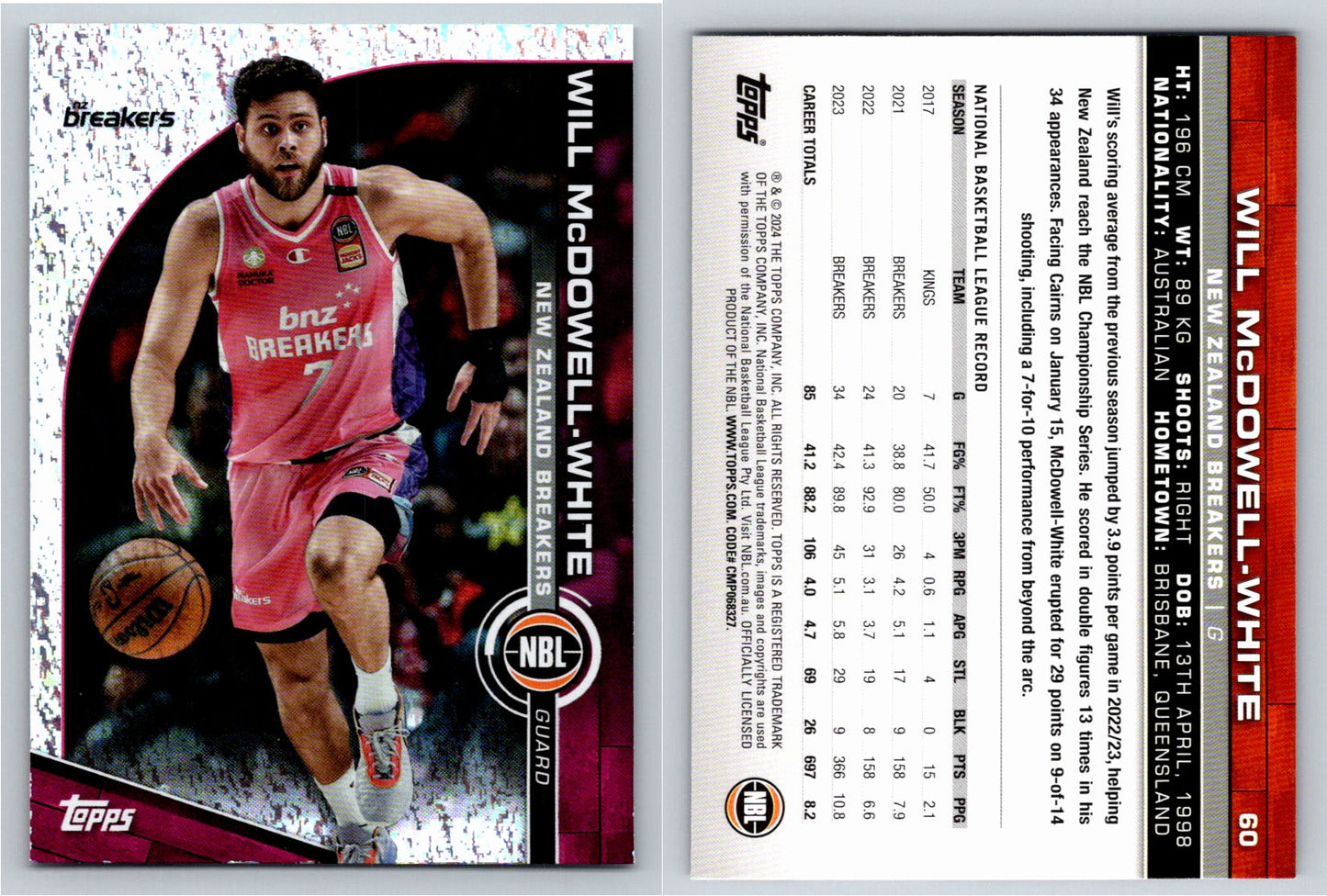 Card # 60 Will McDowell-White New Zealand Breakers Opal NBL Topps 2023 2024