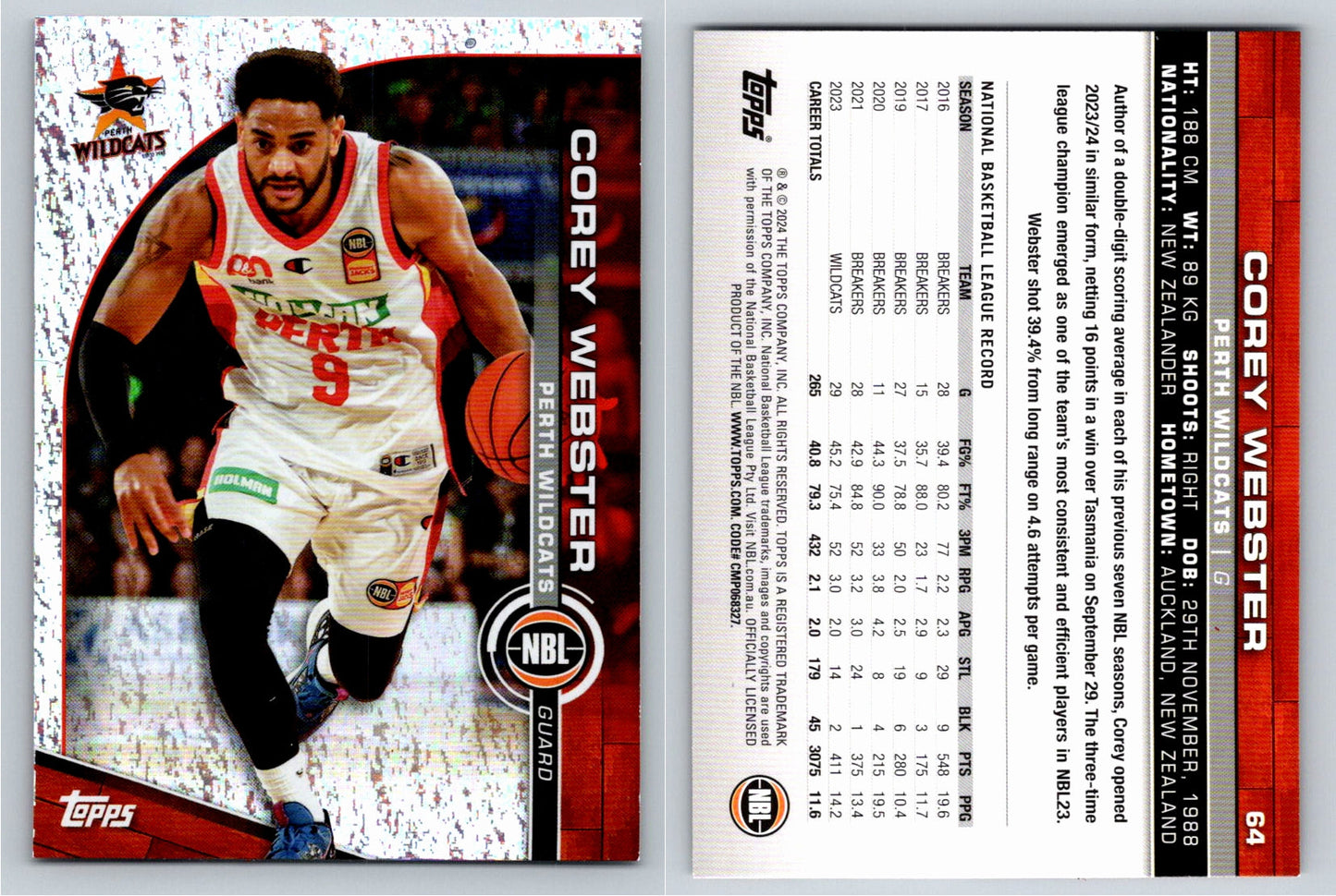 Card # 64 Corey Webster Perth Wildcats Opal NBL Topps 2023 2024