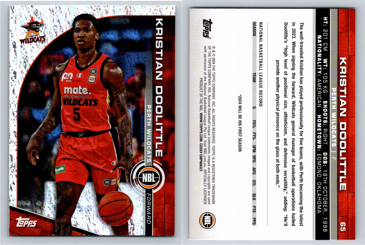 Card # 65 Kristian Doolittle Perth Wildcats Opal NBL Topps 2023 2024