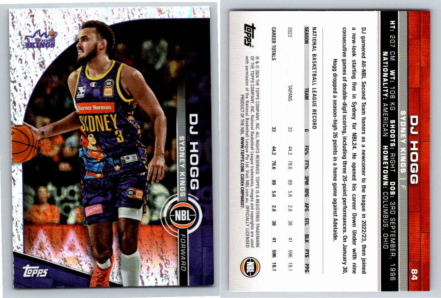 Card # 84 DJ Hogg Sydney Kings Opal NBL Topps 2023 2024