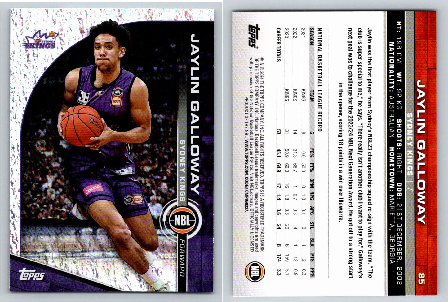 Card # 85 Jaylin Galloway Sydney Kings Opal NBL Topps 2023 2024