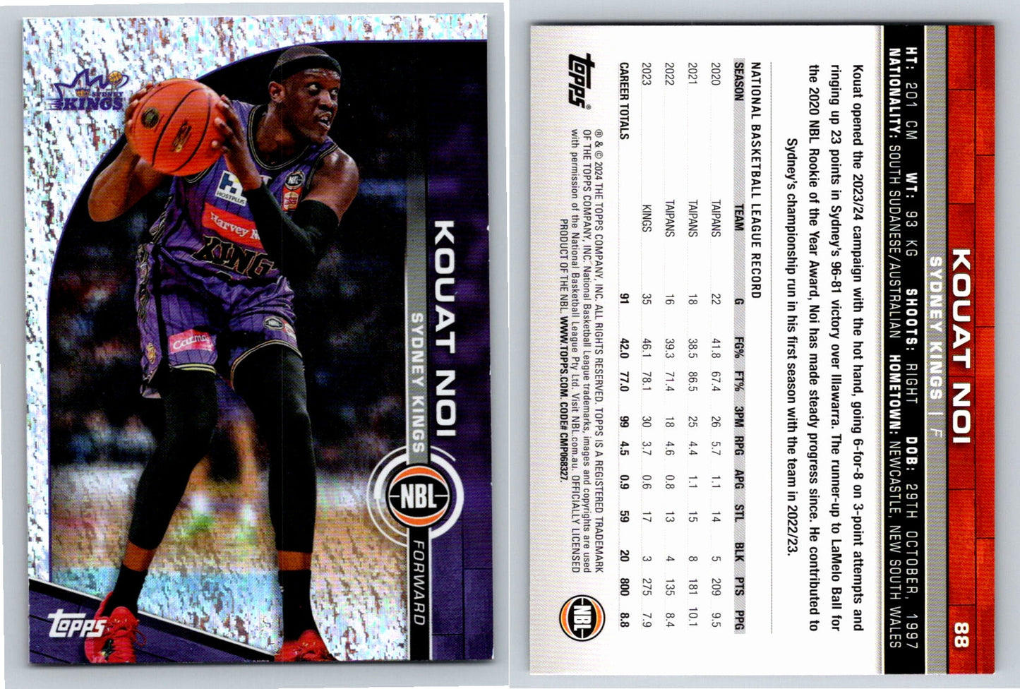 Card # 88 Kouat Noi Sydney Kings Opal NBL Topps 2023 2024