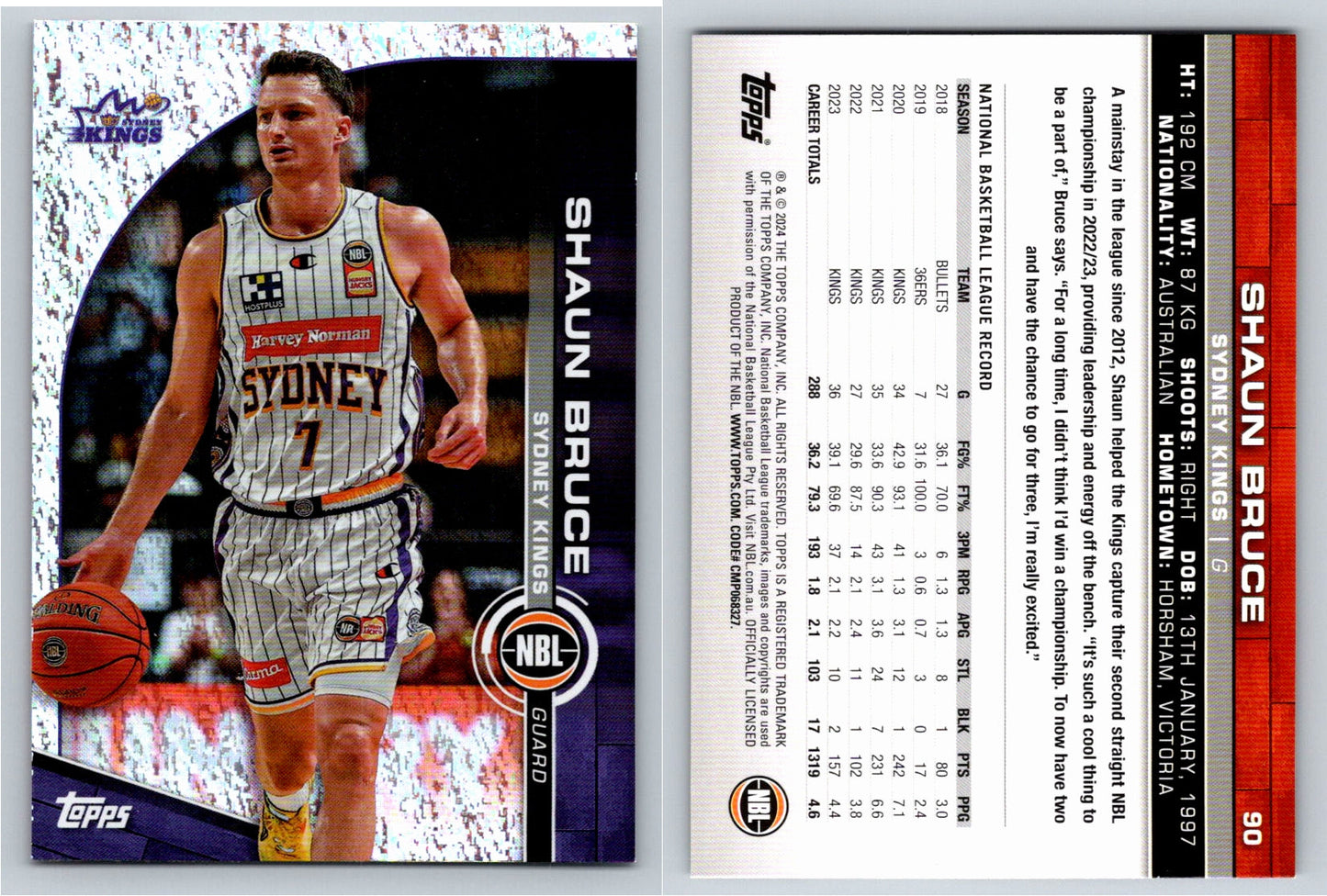 Card # 90 Shaun Bruce Sydney Kings Opal NBL Topps 2023 2024