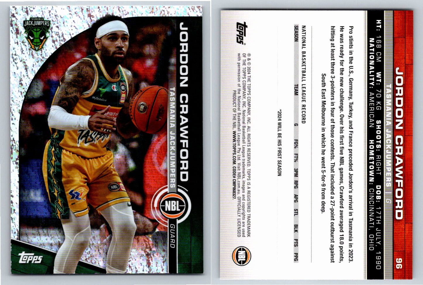 Card # 96 Jordon Crawford Tasmania JackJumpers Opal NBL Topps 2023 2024