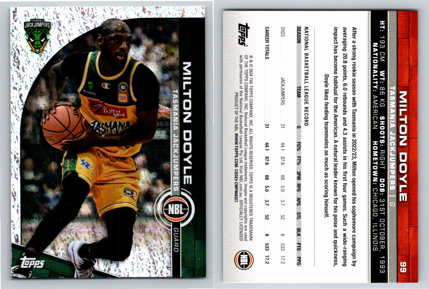 Card # 99 Milton Doyle Tasmania JackJumpers Opal NBL Topps 2023 2024