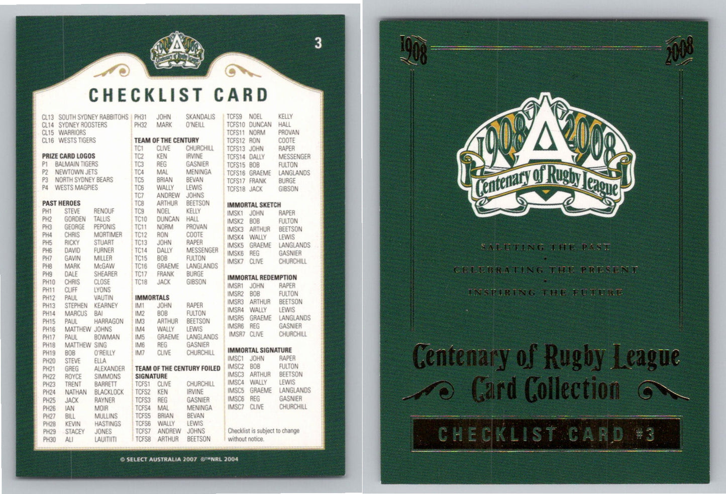 Card # 3 CHECKLIST 3 NRL Centenary of Rugby League