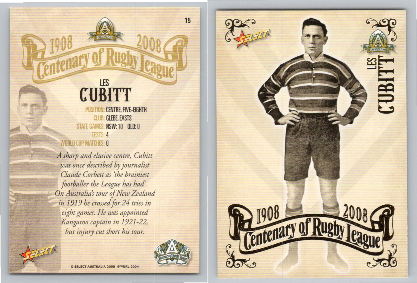 Card # 15 LES CUBITT NRL Centenary of Rugby League