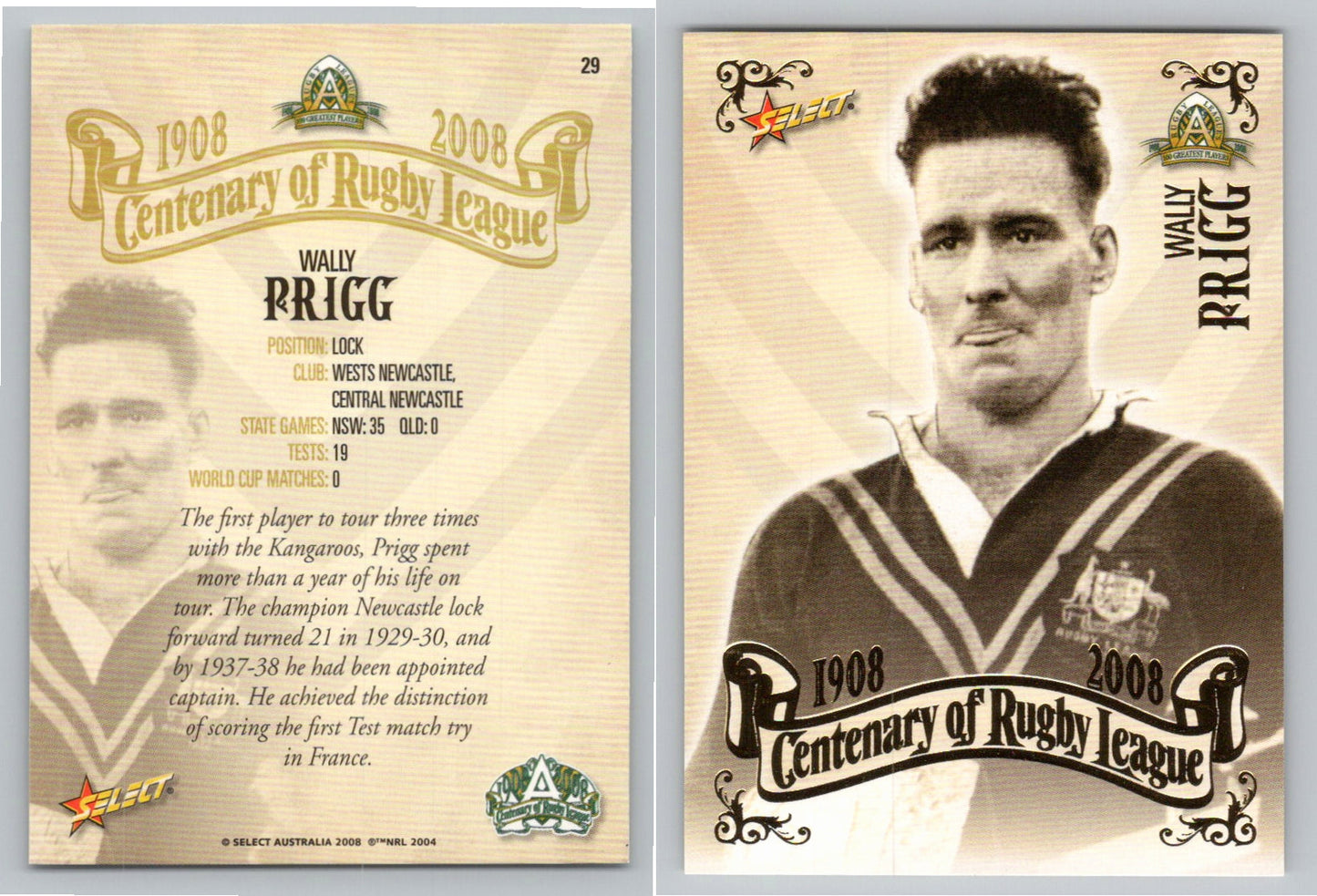 Card # 29 WALLY PRIGG NRL Centenary of Rugby League