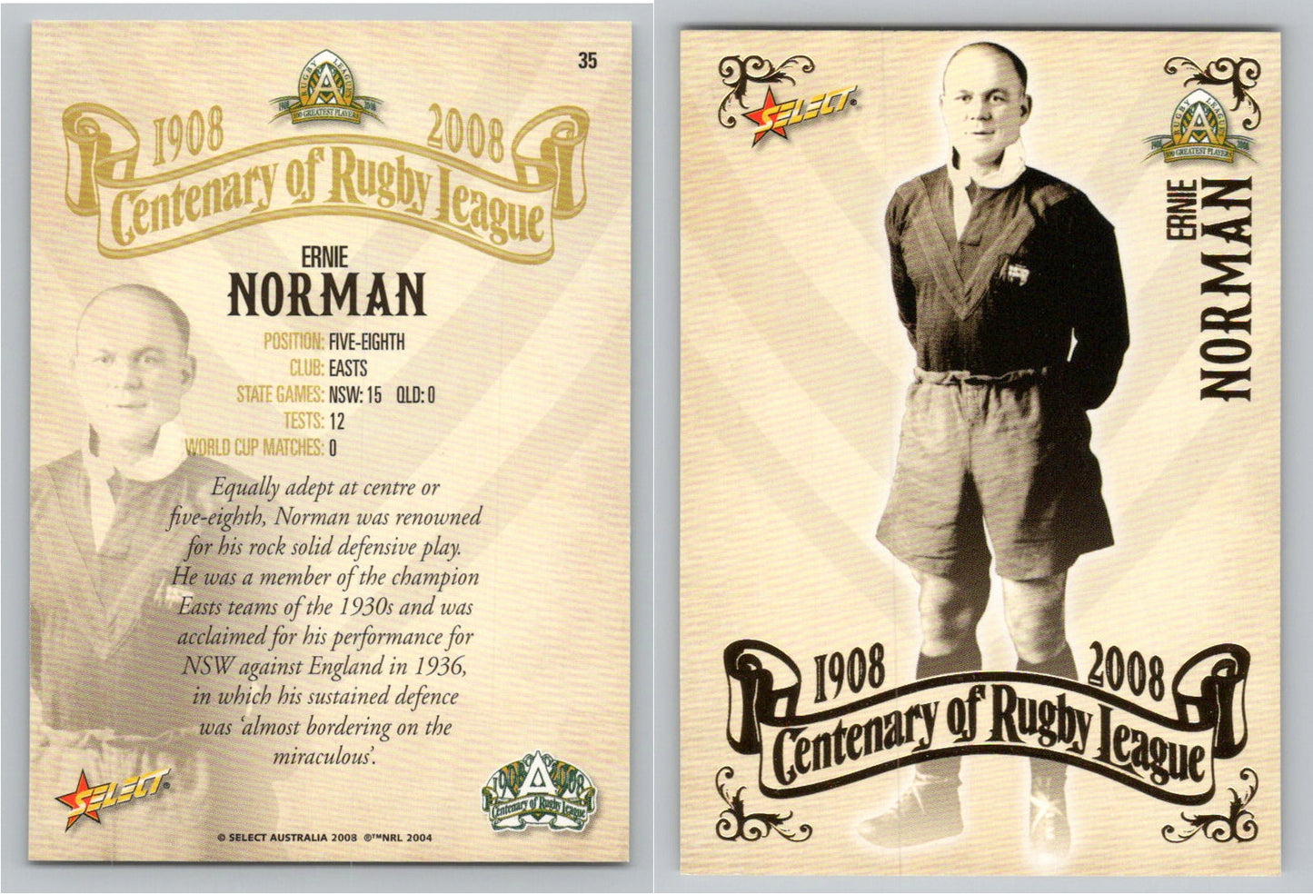 Card # 35 ERNIE NORMAN NRL Centenary of Rugby League