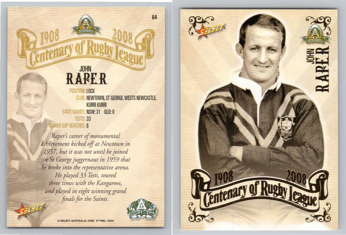 Card # 64 JOHN RAPER NRL Centenary of Rugby League