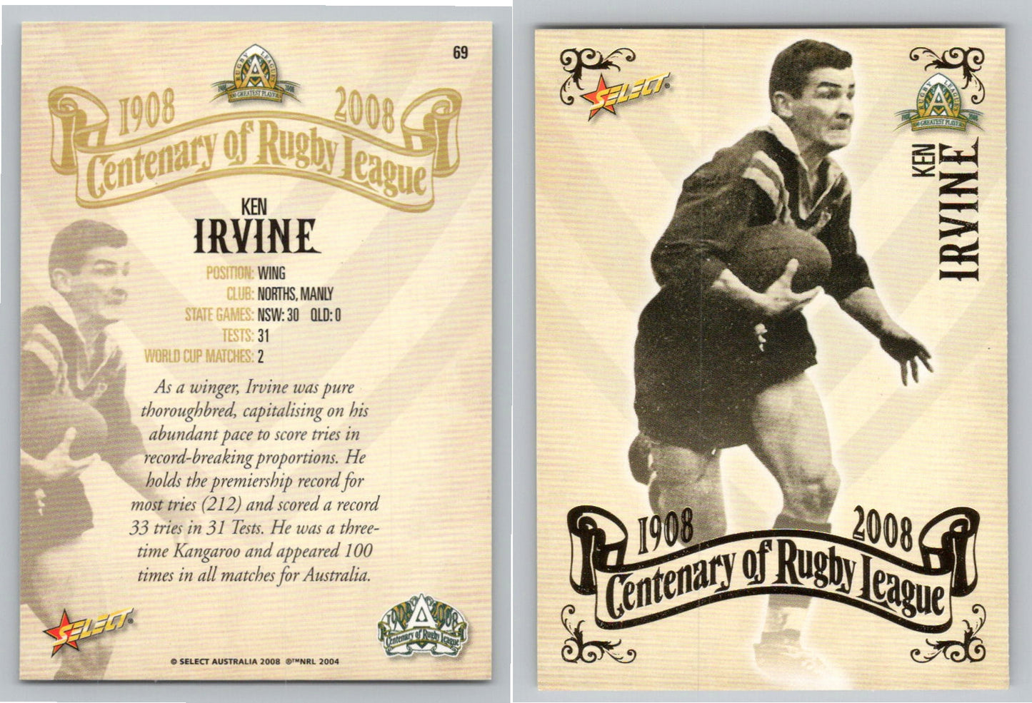 Card # 69 KEN IRVINE NRL Centenary of Rugby League