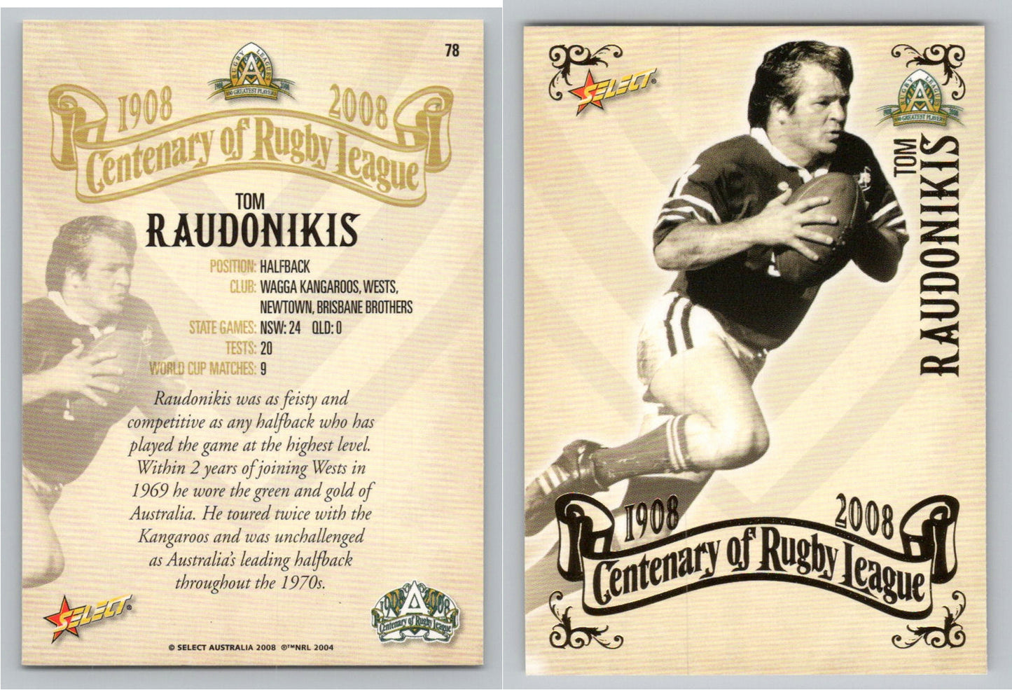 Card # 78 TOM RAUDONIKIS NRL Centenary of Rugby League