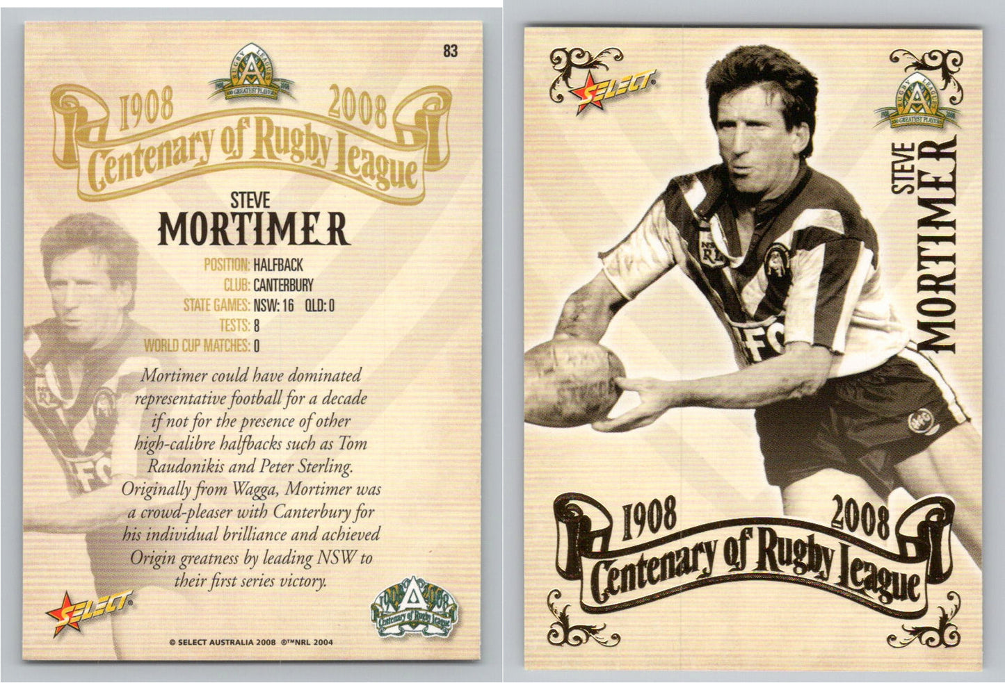 Card # 83 STEVE MORTIMER NRL Centenary of Rugby League
